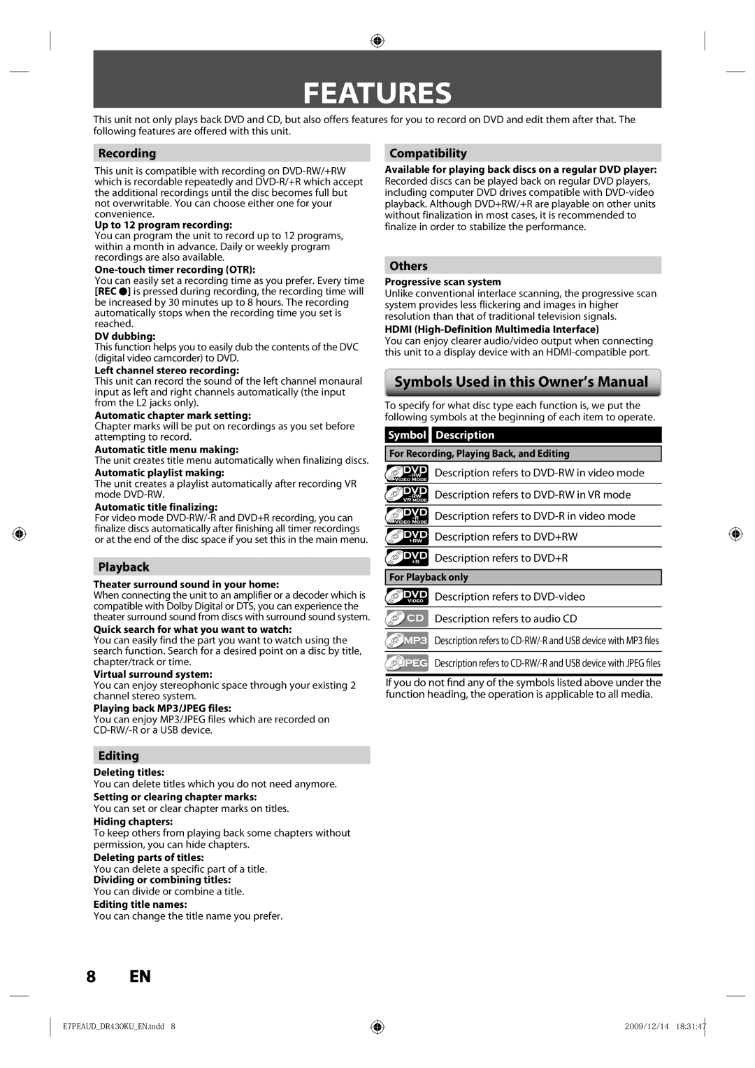 Toshiba DR430KU owner manual Features 