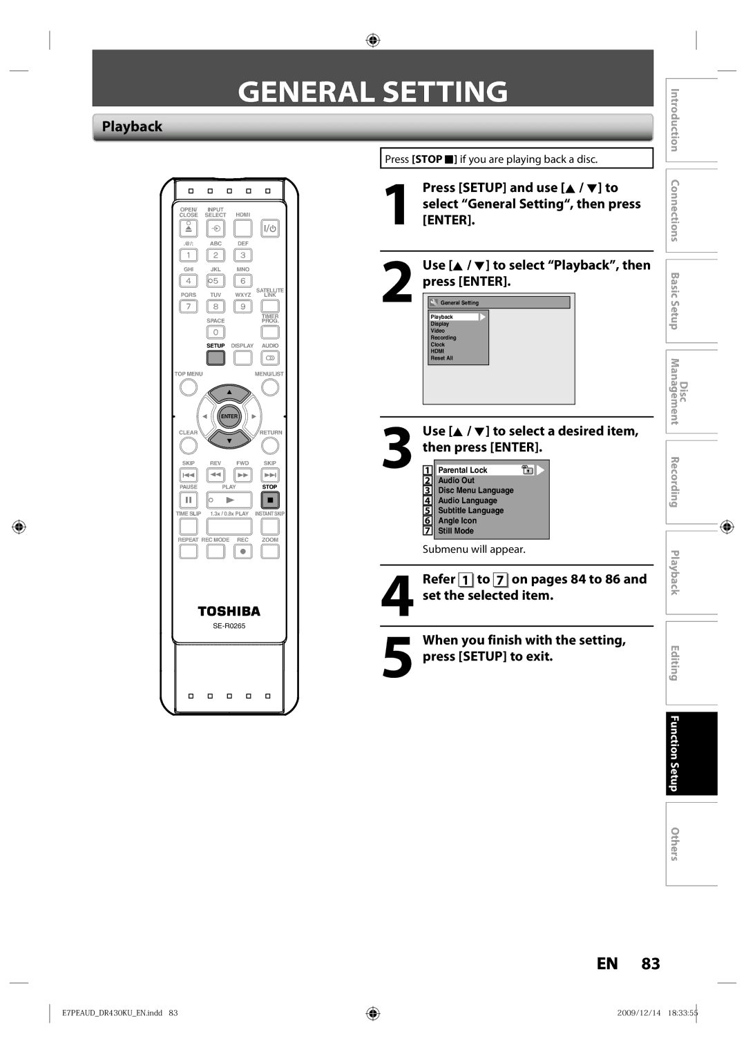 Toshiba DR430 General Setting, Playback, Use K / L to select a desired item, then press Enter, Submenu will appear 