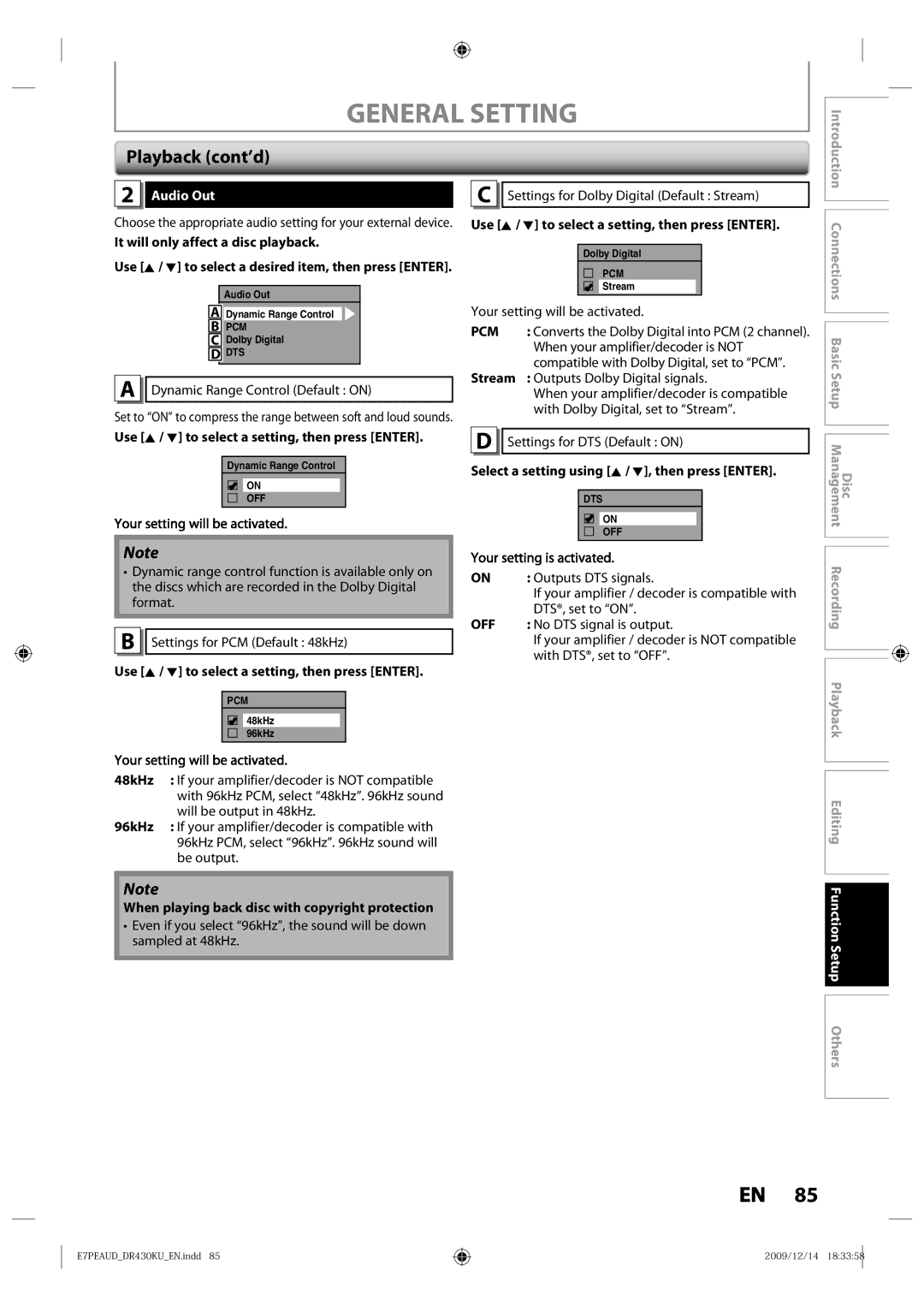 Toshiba DR430KU owner manual Audio Out, Editing Function Setup Others 