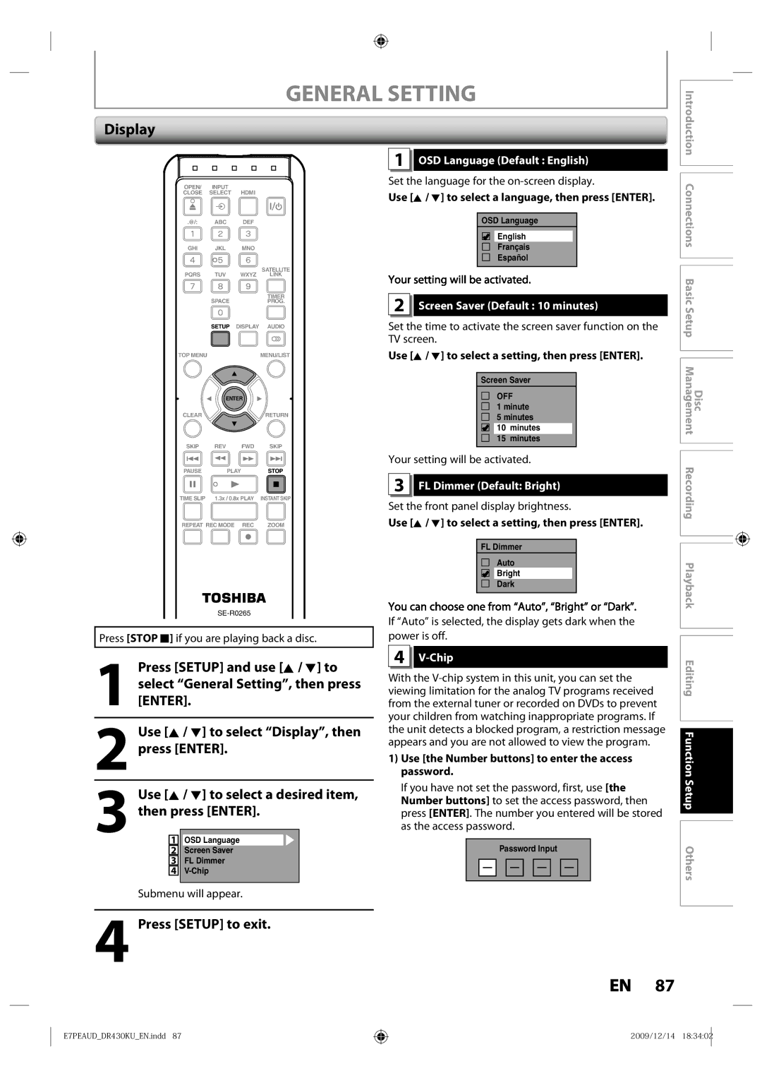 Toshiba DR430 Display, OSD Language Default English, Screen Saver Default 10 minutes, FL Dimmer Default Bright, Chip 