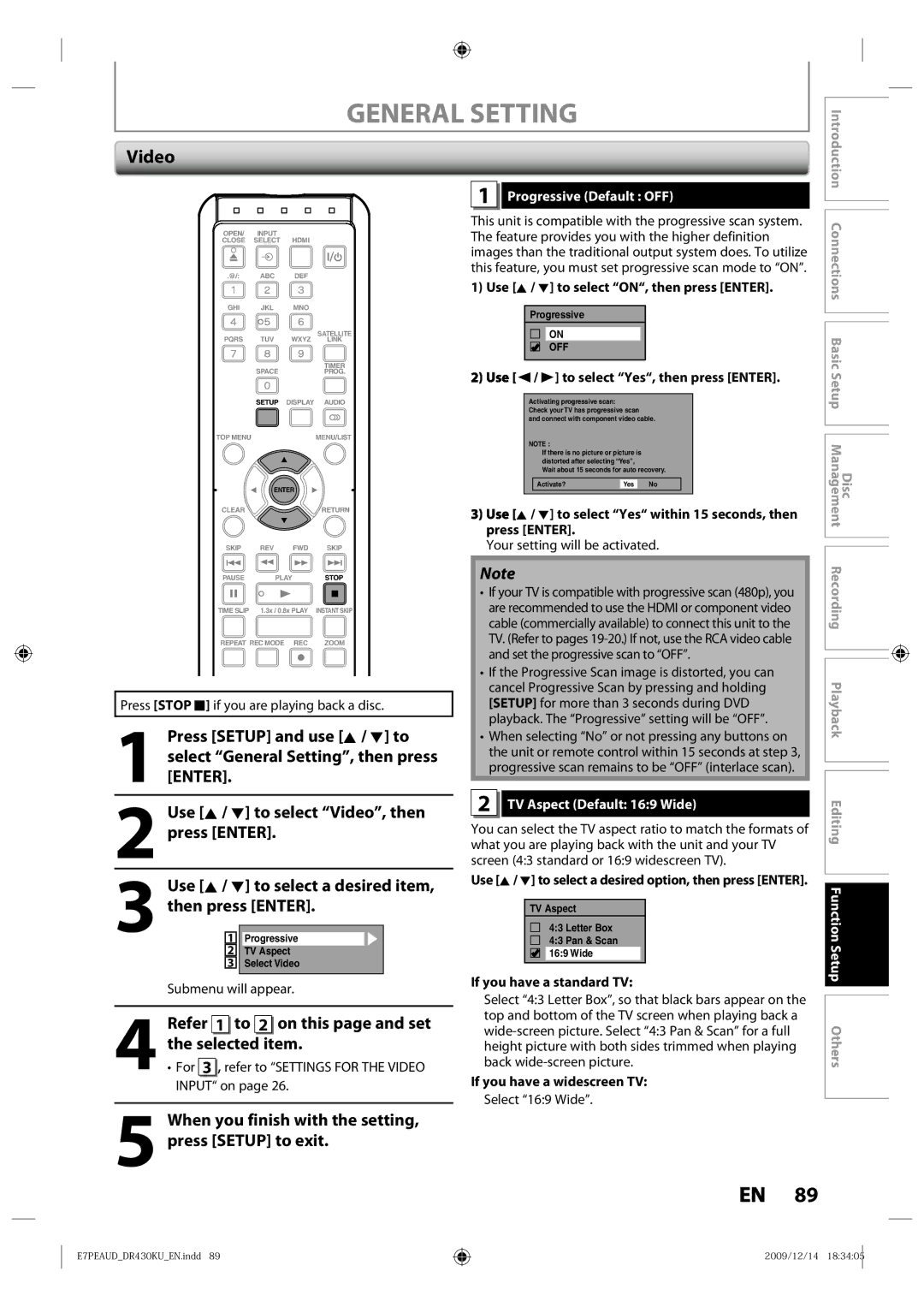 Toshiba DR430KU owner manual Video, Refer 1 to 2 on this page and set the selected item, Progressive Default OFF 