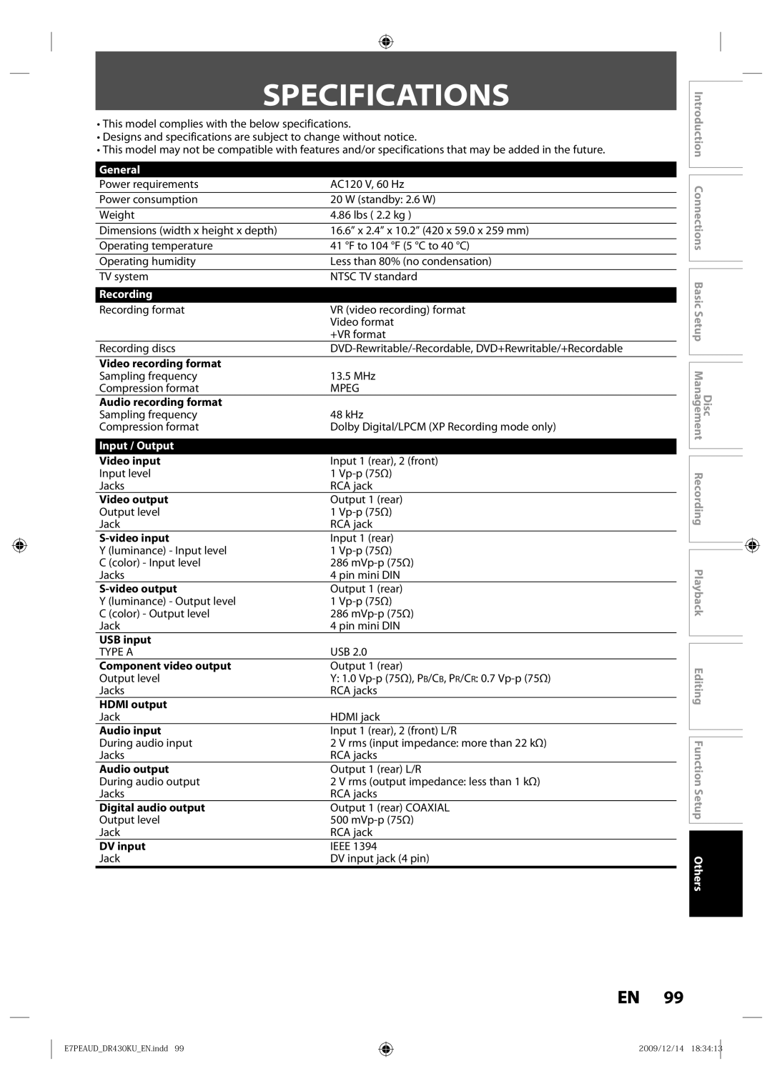 Toshiba DR430KU owner manual Specifications, General, Recording, Input / Output 