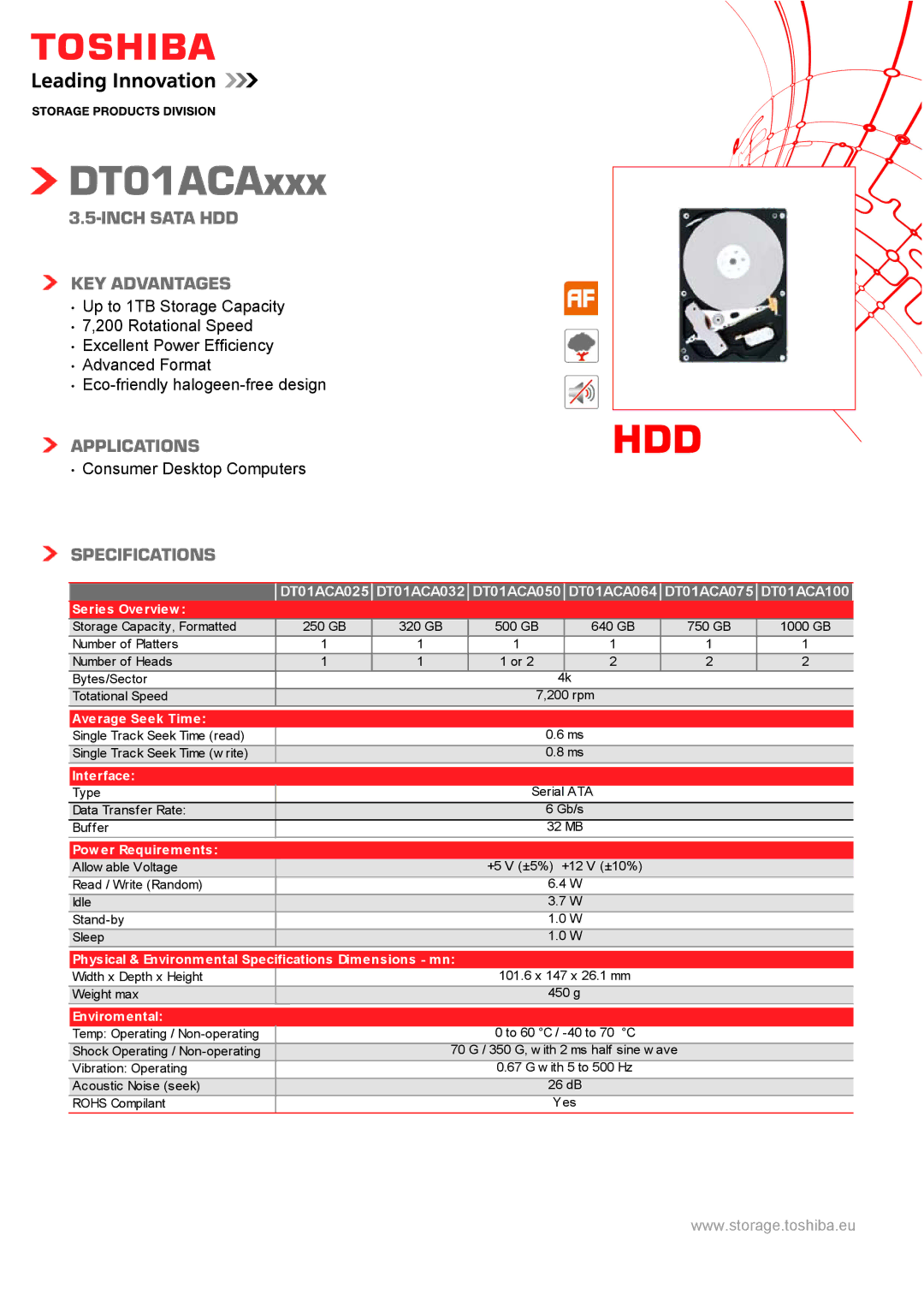 Toshiba Dt01aca100, DT01ACA200 specifications DT01ACAxxx, Inch Sata HDD KEY Advantages, Applications, Specifications 