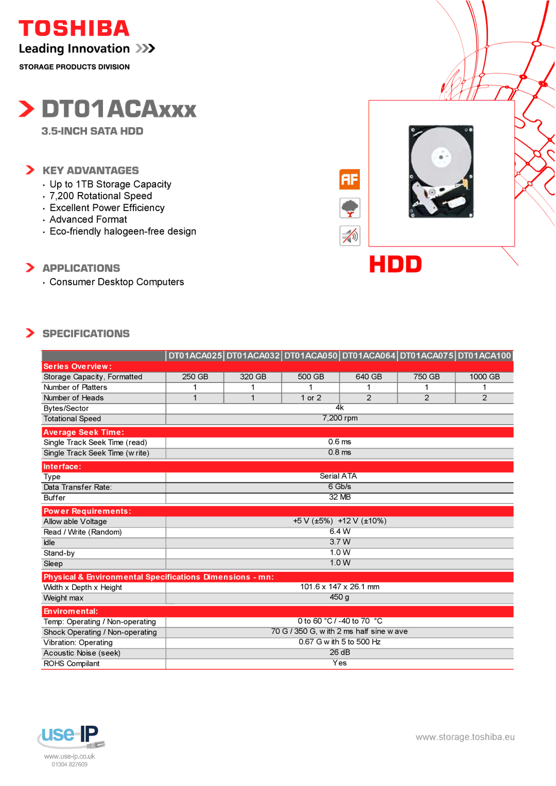 Toshiba Dt01aca300 specifications DT01ACAxxx, Inch Sata HDD KEY Advantages, Applications, Specifications 