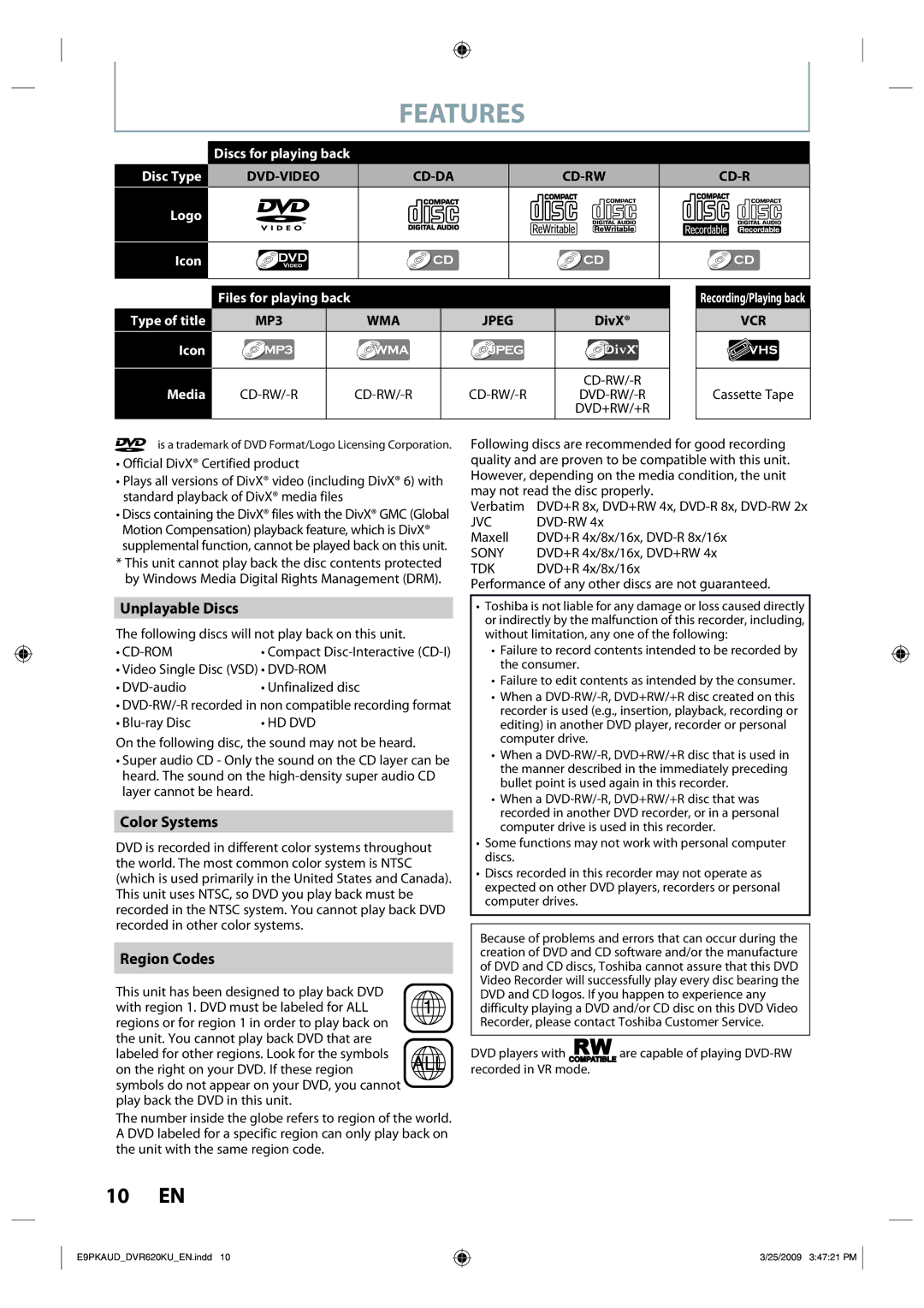 Toshiba DVR620 owner manual Unplayable Discs, Color Systems, Region Codes, Cd-Da Cd-Rw, Vcr 