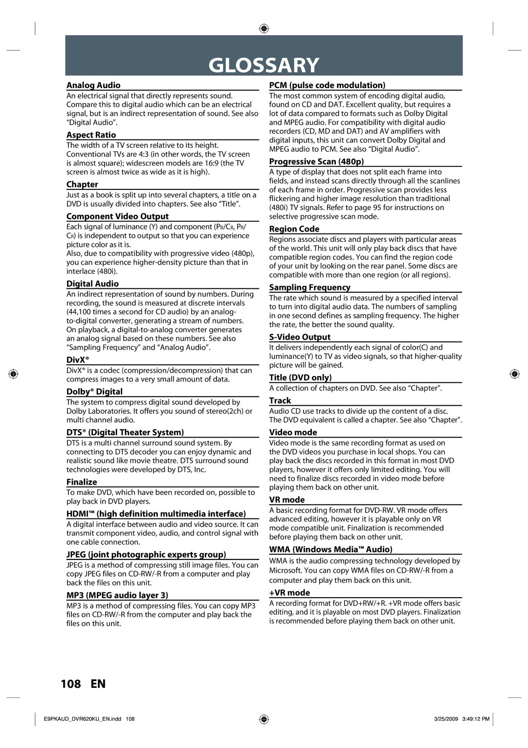 Toshiba DVR620 owner manual Glossary 