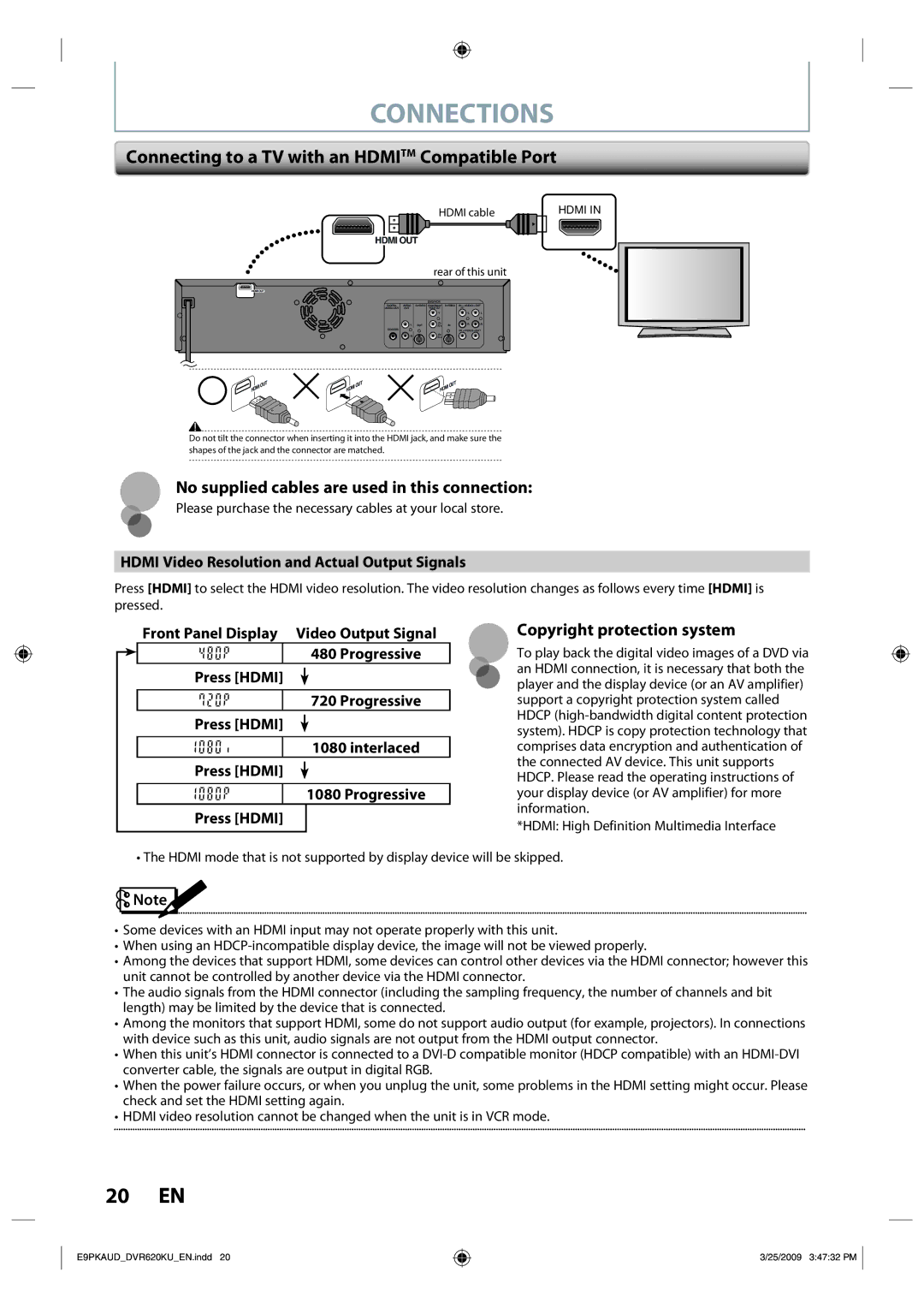 Toshiba DVR620 owner manual Connections, Connecting to a TV with an Hdmitm Compatible Port, Copyright protection system 