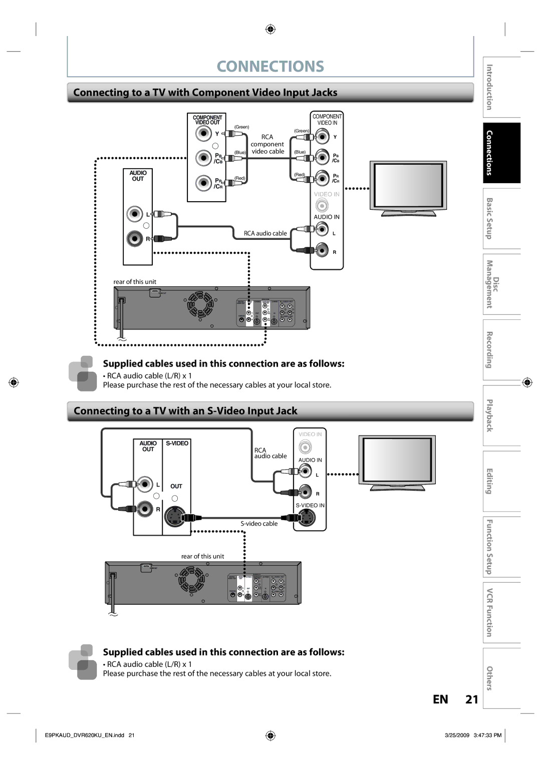 Toshiba DVR620 Connecting to a TV with Component Video Input Jacks, Connecting to a TV with an S-Video Input Jack 