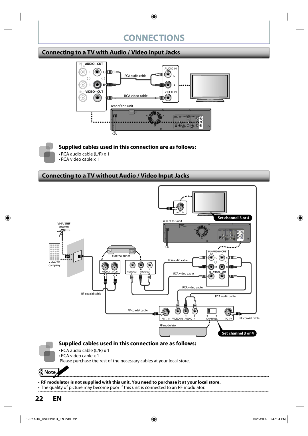 Toshiba DVR620 Connecting to a TV with Audio / Video Input Jacks, Connecting to a TV without Audio / Video Input Jacks 