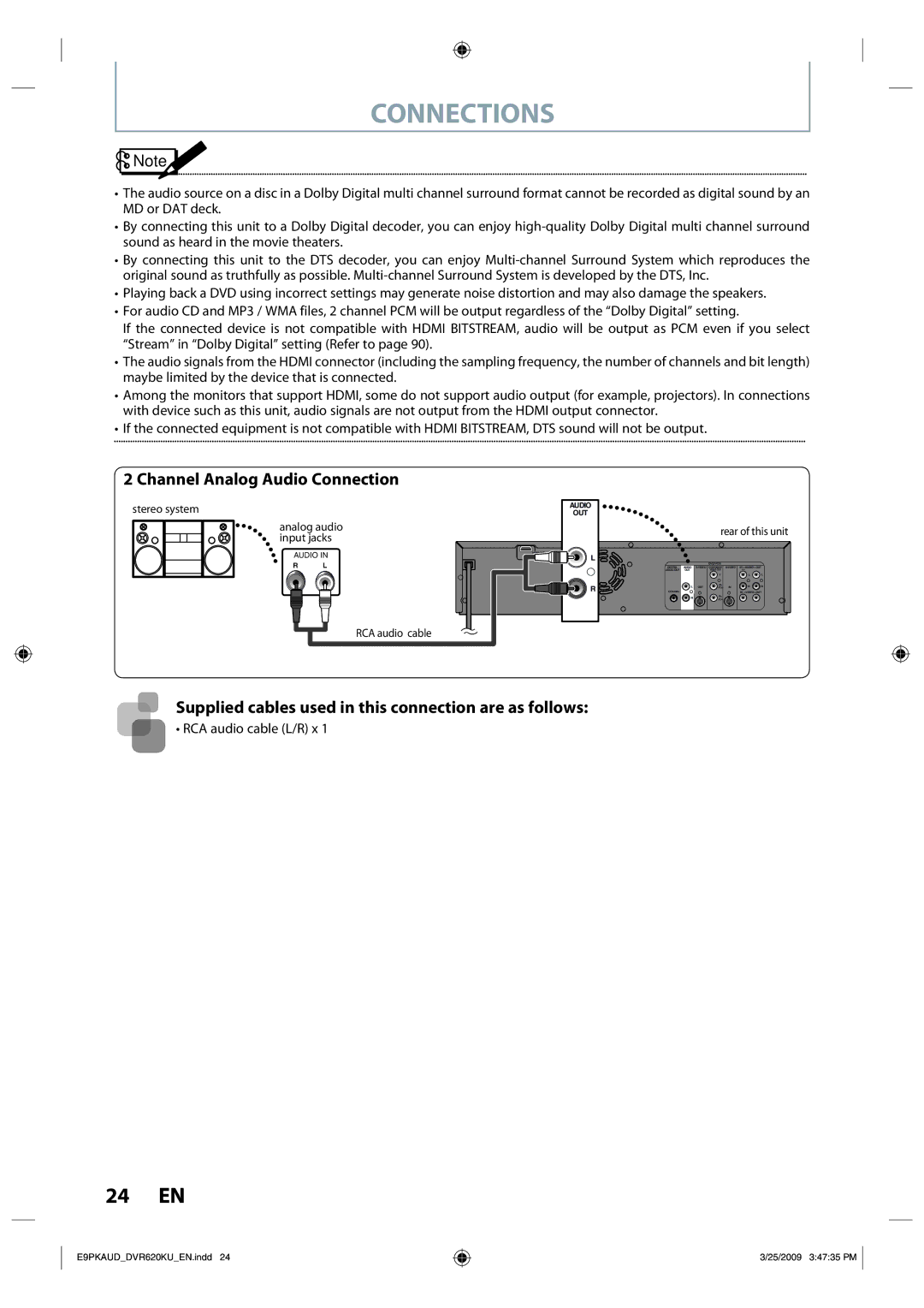 Toshiba DVR620 owner manual Channel Analog Audio Connection, RCA audio cable L/R x 