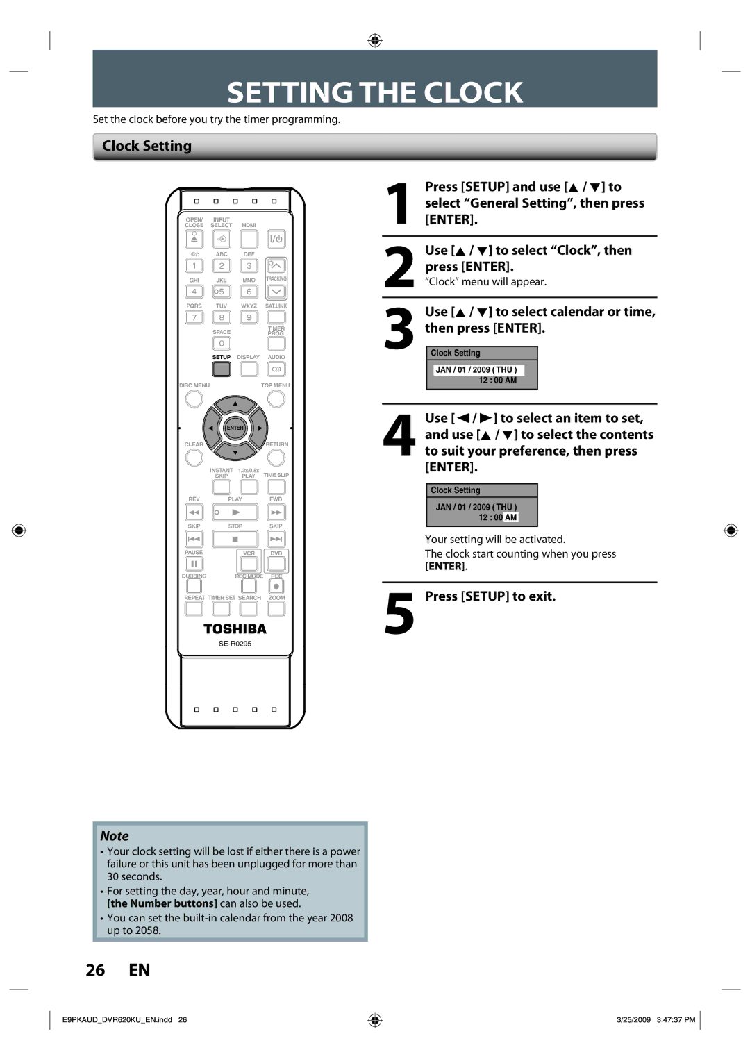 Toshiba DVR620 owner manual Setting the Clock, Clock Setting, Use K / L to select calendar or time, then press Enter 