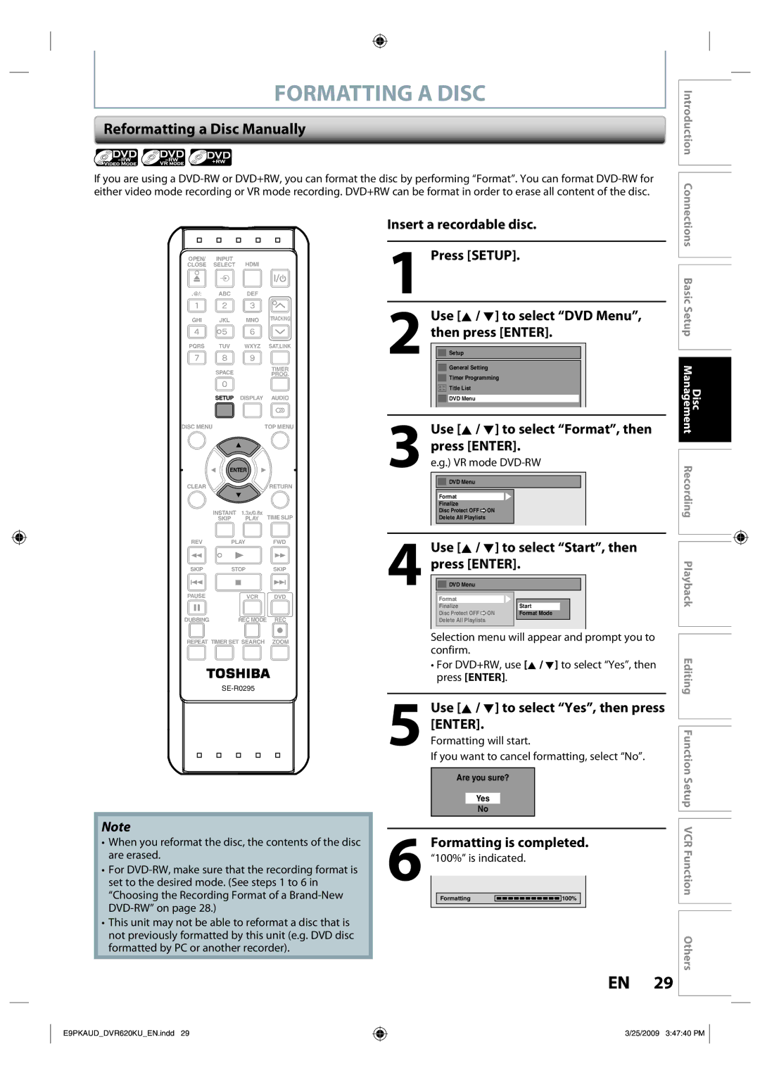 Toshiba DVR620 owner manual Formatting a Disc, Reformatting a Disc Manually, Use K / L to select Yes, then press Enter 