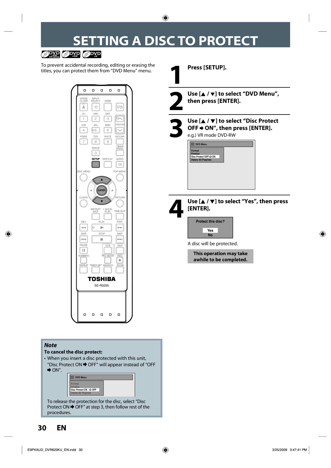 Toshiba DVR620 owner manual Setting a Disc to Protect, Press Setup Use K / L to select DVD Menu, then press Enter 