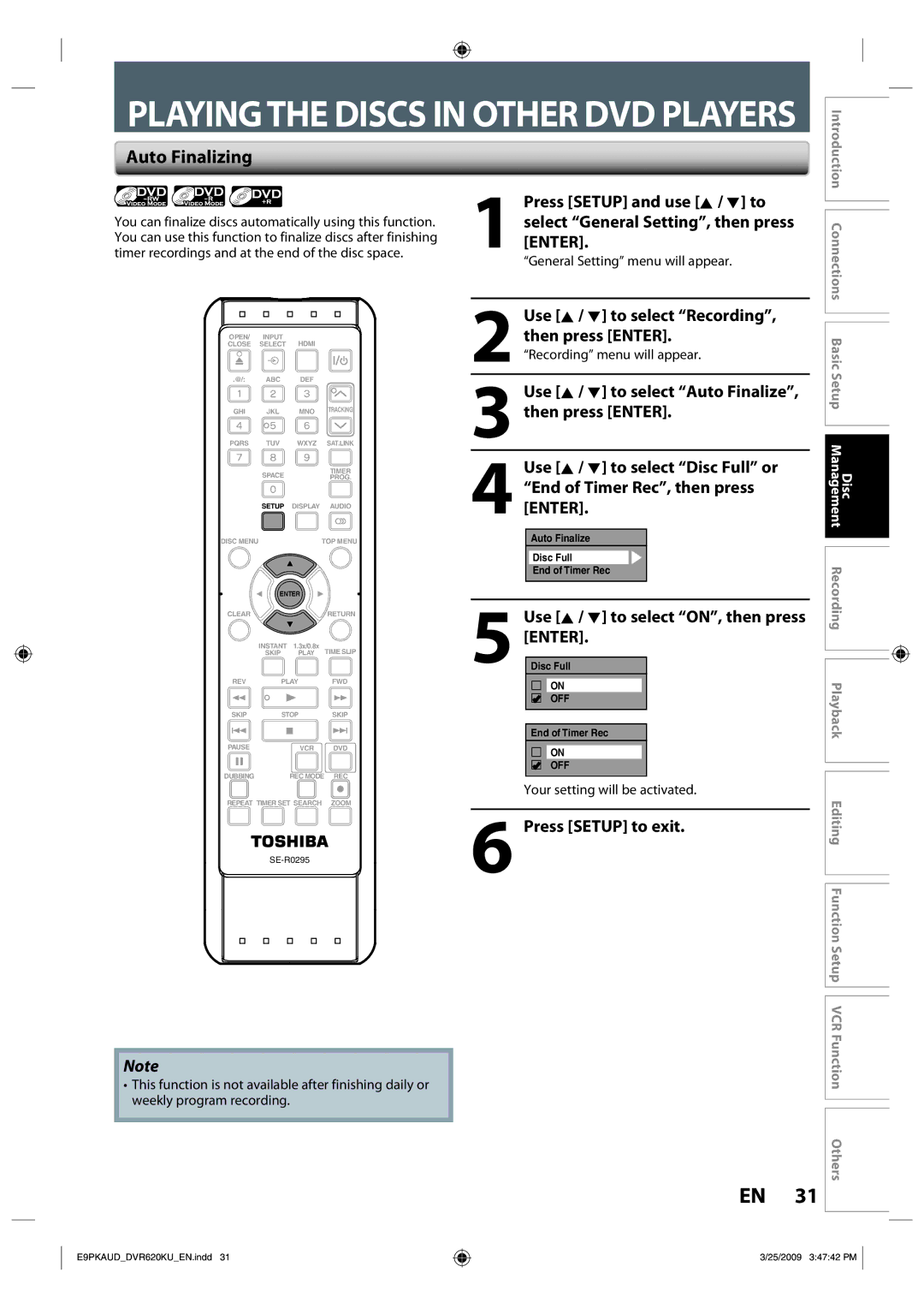 Toshiba DVR620 owner manual Playingthe Discs in Other DVD Players, Auto Finalizing 