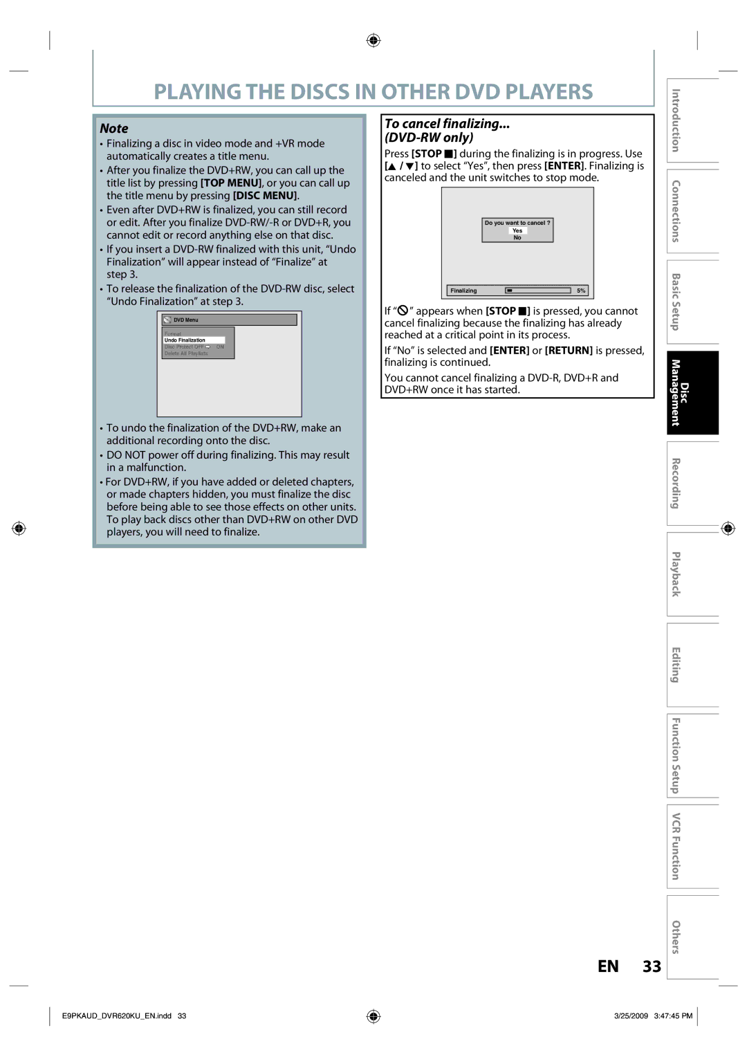 Toshiba DVR620 owner manual To cancel finalizing DVD-RW only 