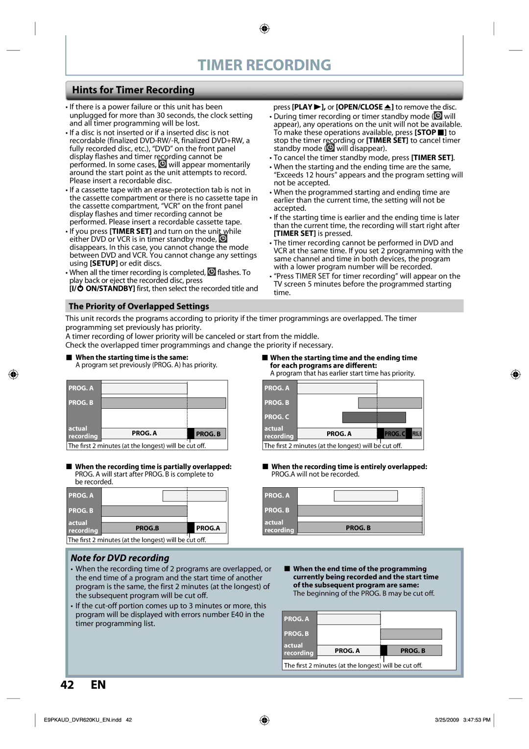 Toshiba DVR620 owner manual Hints for Timer Recording, Priority of Overlapped Settings 