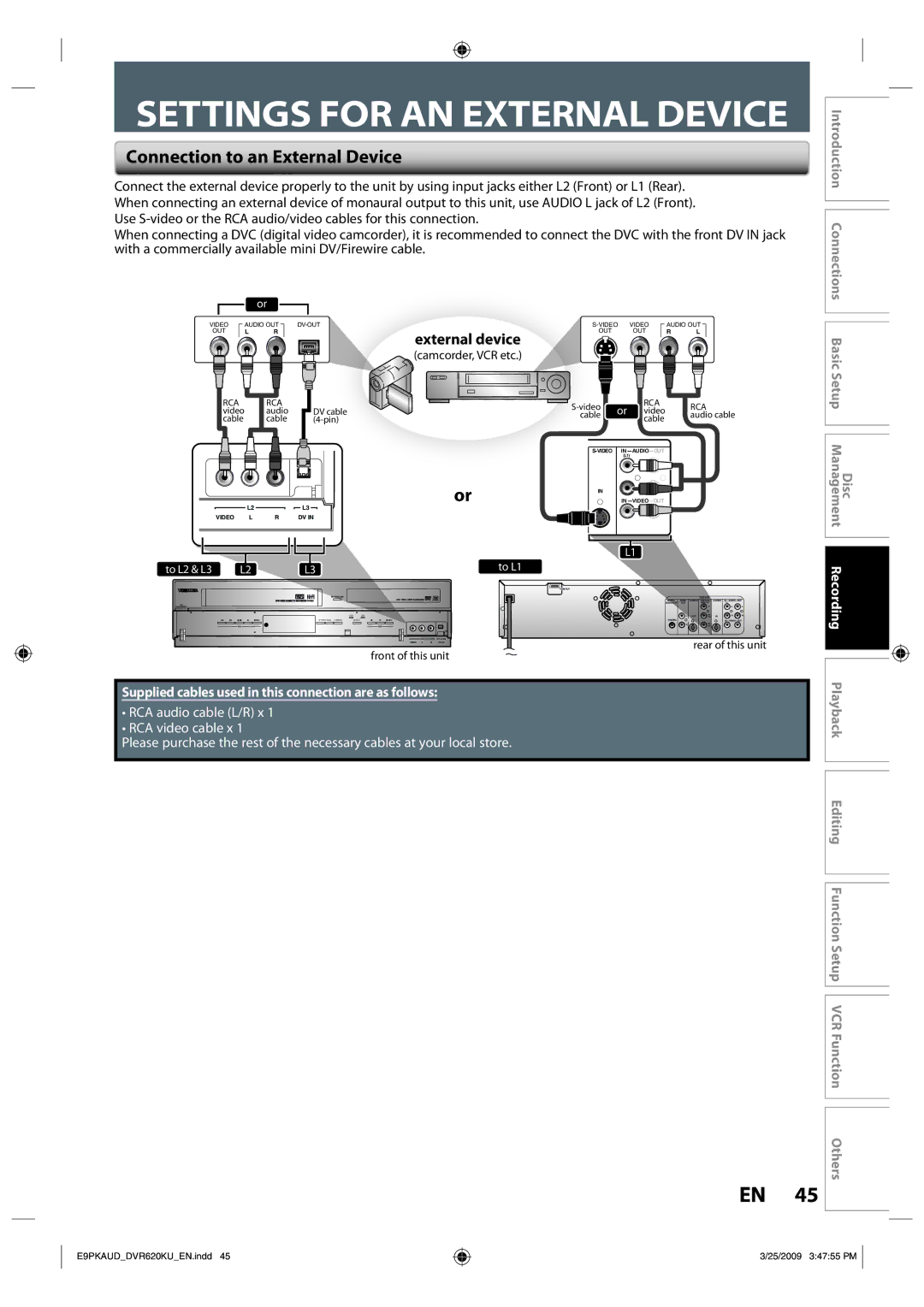 Toshiba DVR620 owner manual Settings for AN External Device, Connection to an External Device, External device 