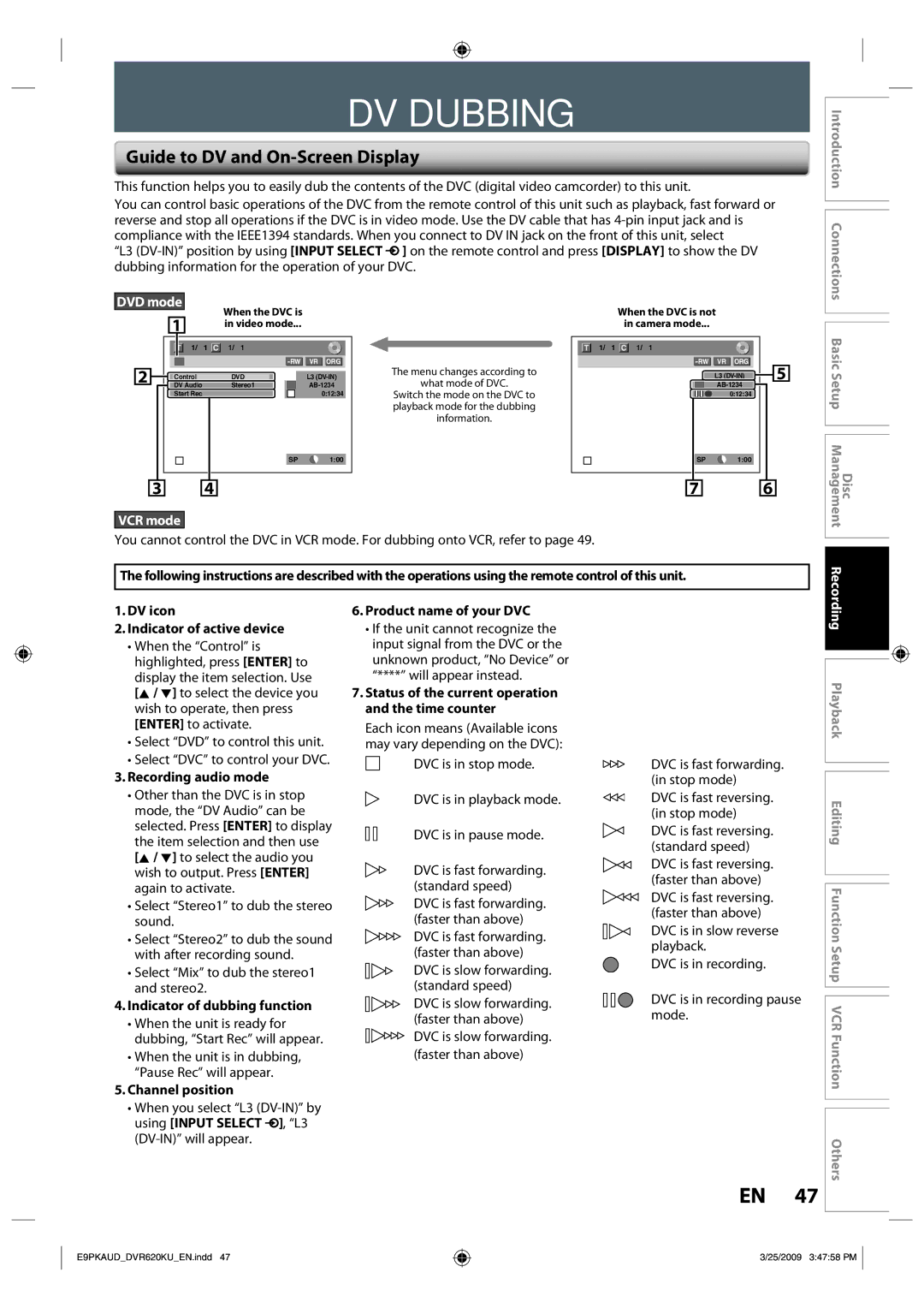 Toshiba DVR620 owner manual DV Dubbing, Guide to DV and On-Screen Display 