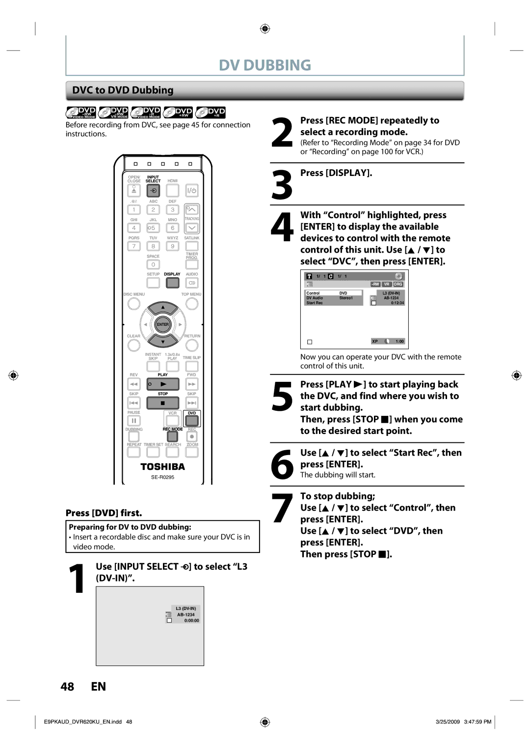 Toshiba DVR620 owner manual DV Dubbing, DVC to DVD Dubbing 