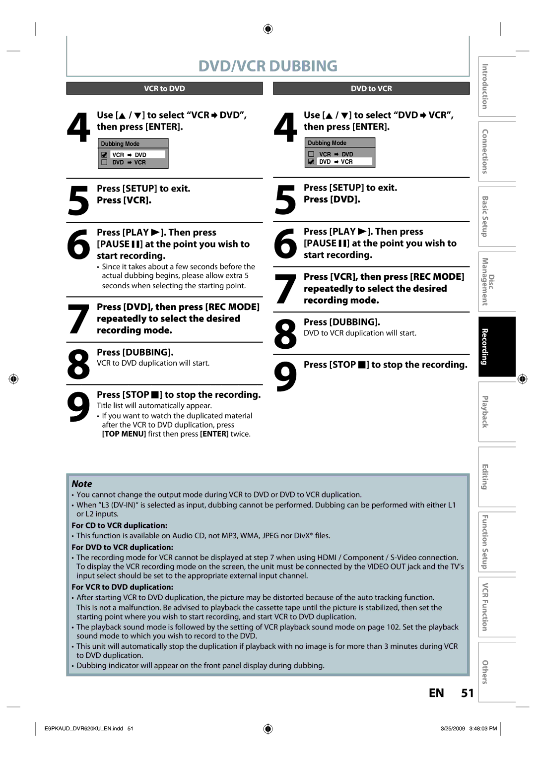 Toshiba DVR620 owner manual DVD/VCR Dubbing, Use K / L to select VCR DVD, then press Enter, VCR to DVD, DVD to VCR 