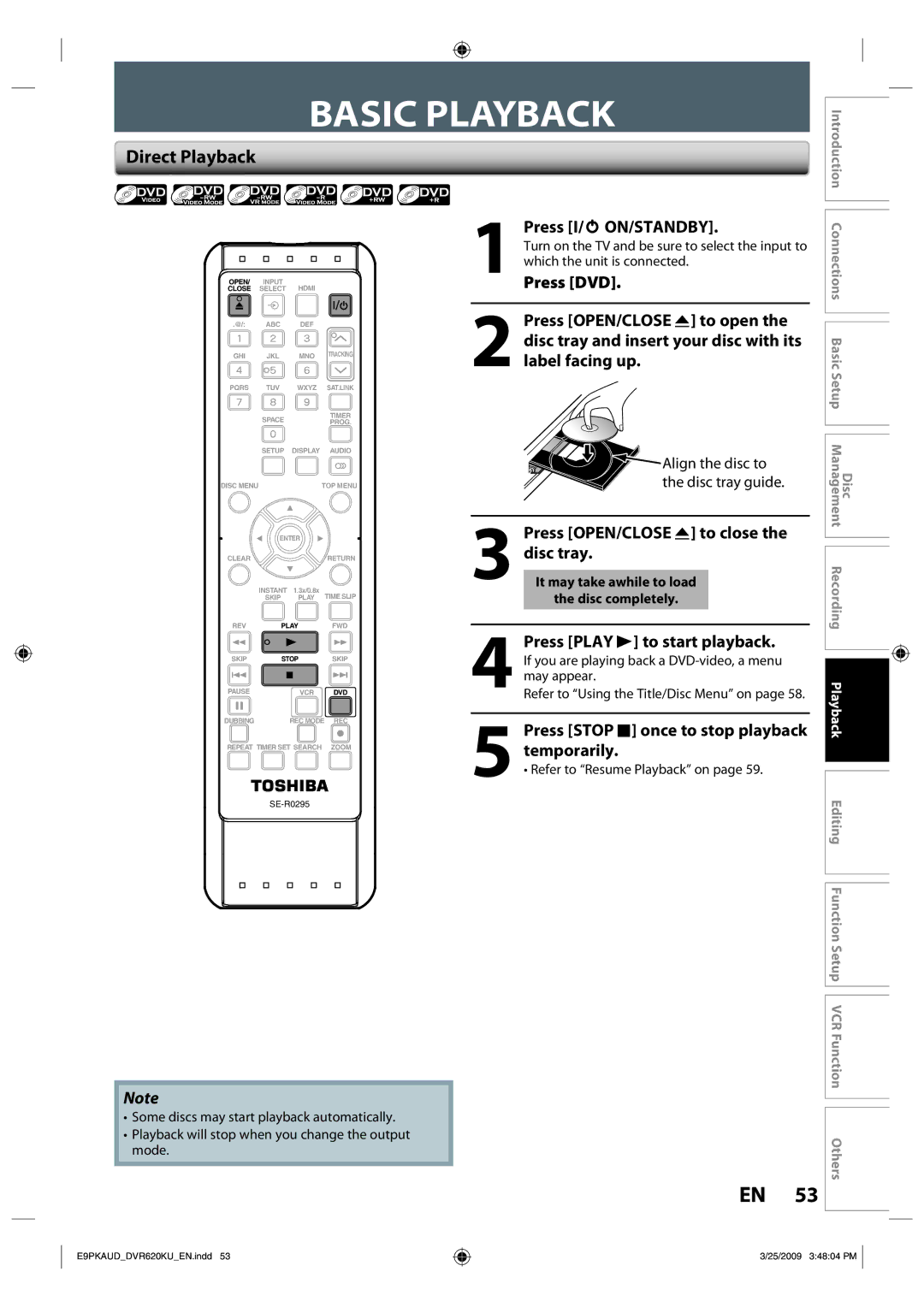 Toshiba DVR620 owner manual Basic Playback, Direct Playback 