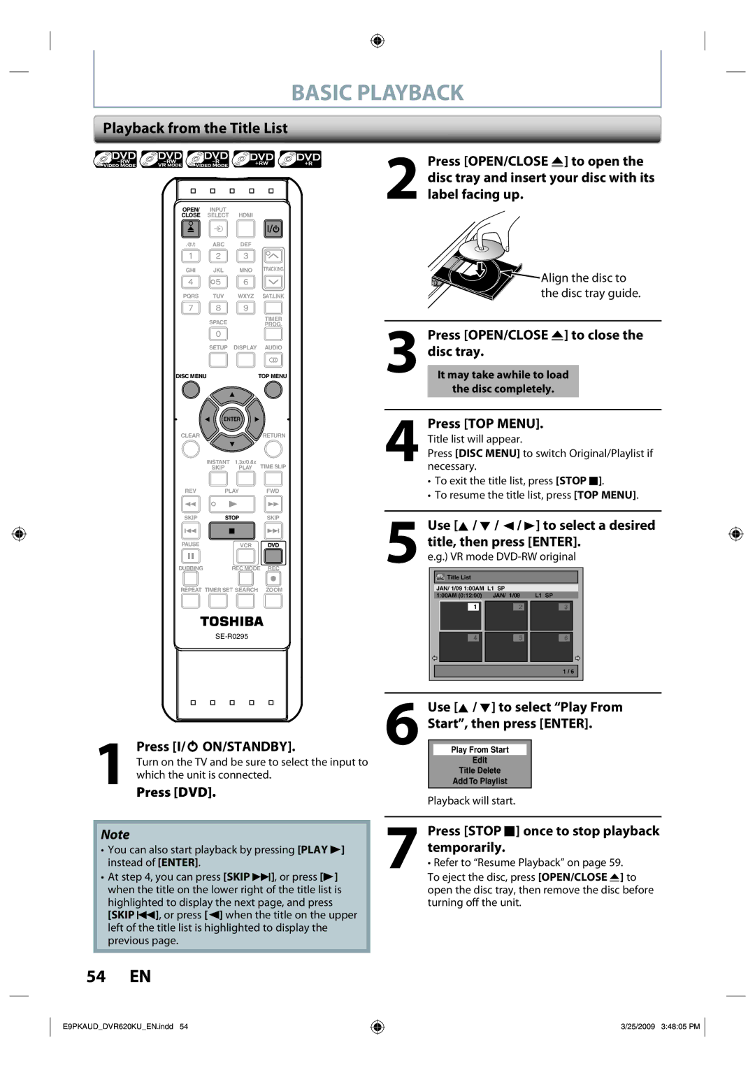 Toshiba DVR620 owner manual Basic Playback, Playback from the Title List, Press DVD, Press Stop C once to stop playback 