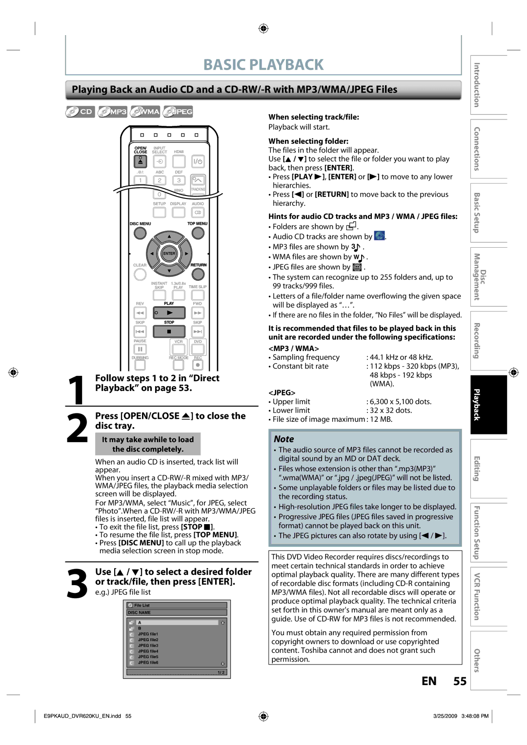 Toshiba DVR620 owner manual Follow steps 1 to 2 in Direct Playback on, Jpeg 