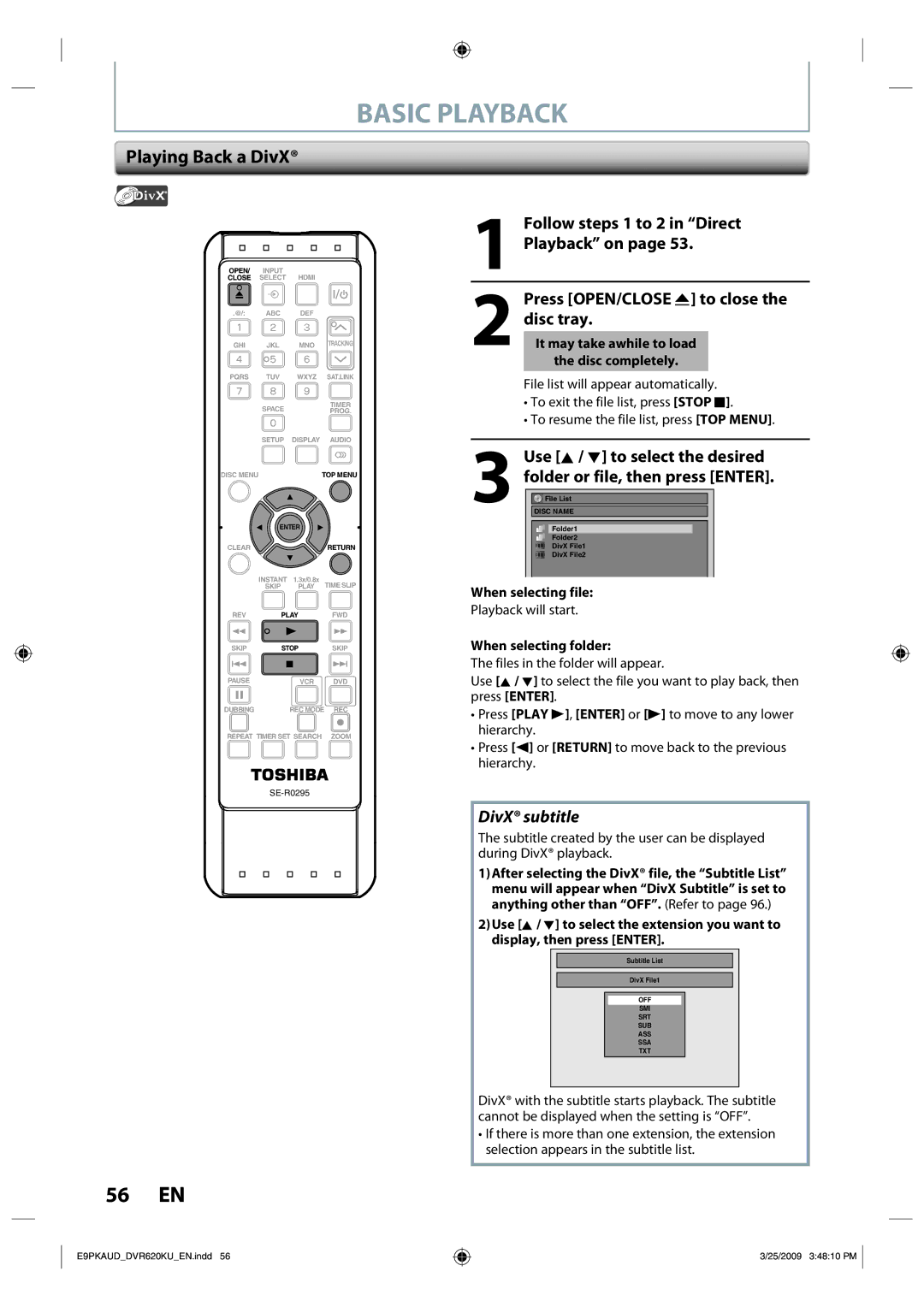 Toshiba DVR620 owner manual Playing Back a DivX, When selecting file 