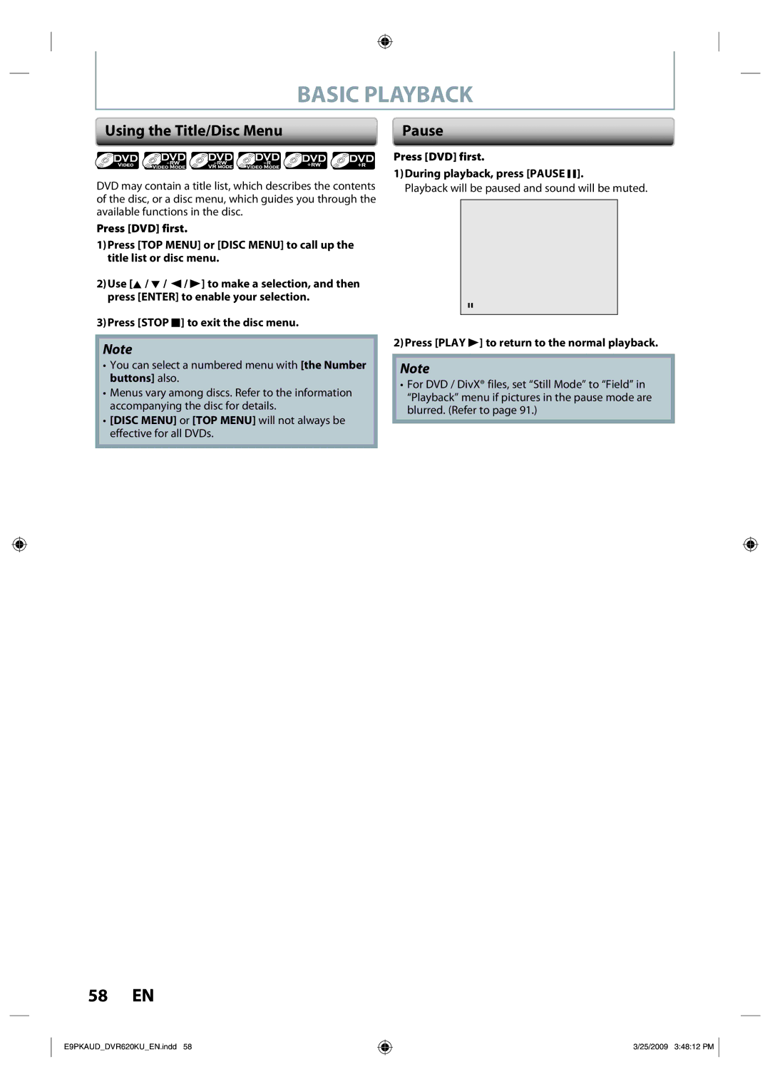 Toshiba DVR620 owner manual Using the Title/Disc Menu, Press DVD first During playback, press Pause F 