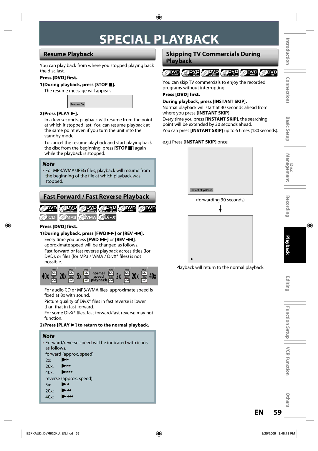 Toshiba DVR620 owner manual Special Playback, Resume Playback, Fast Forward / Fast Reverse Playback, 40x REV 