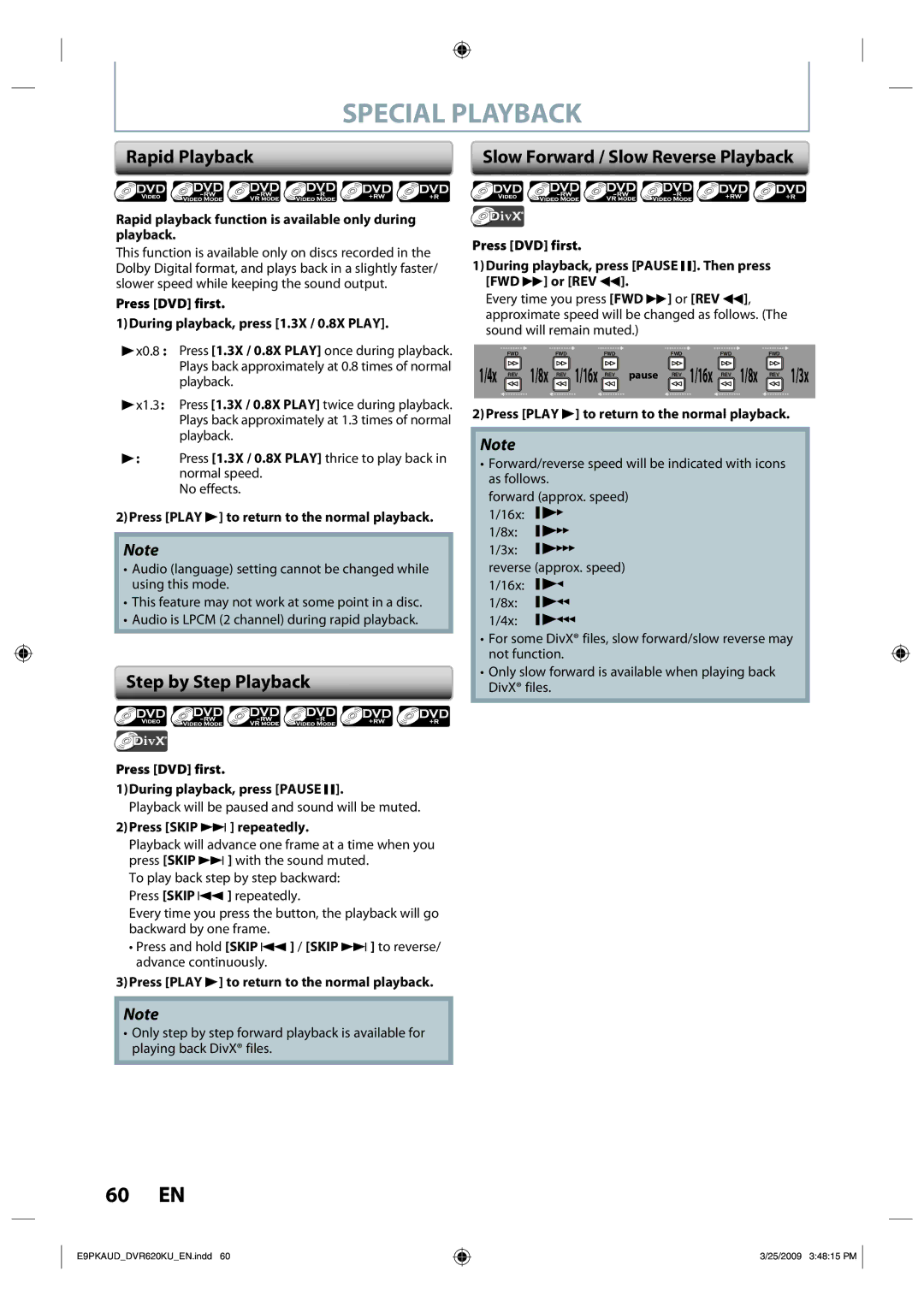 Toshiba DVR620 Special Playback, Rapid Playback, Step by Step Playback, Slow Forward / Slow Reverse Playback, 4x REV 