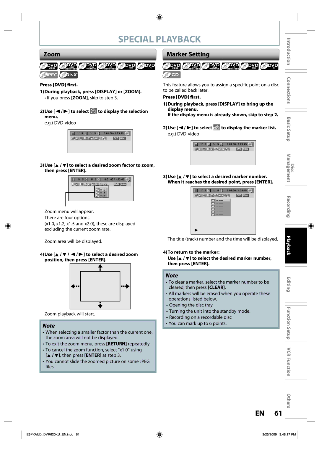 Toshiba DVR620 owner manual Zoom, Marker Setting 