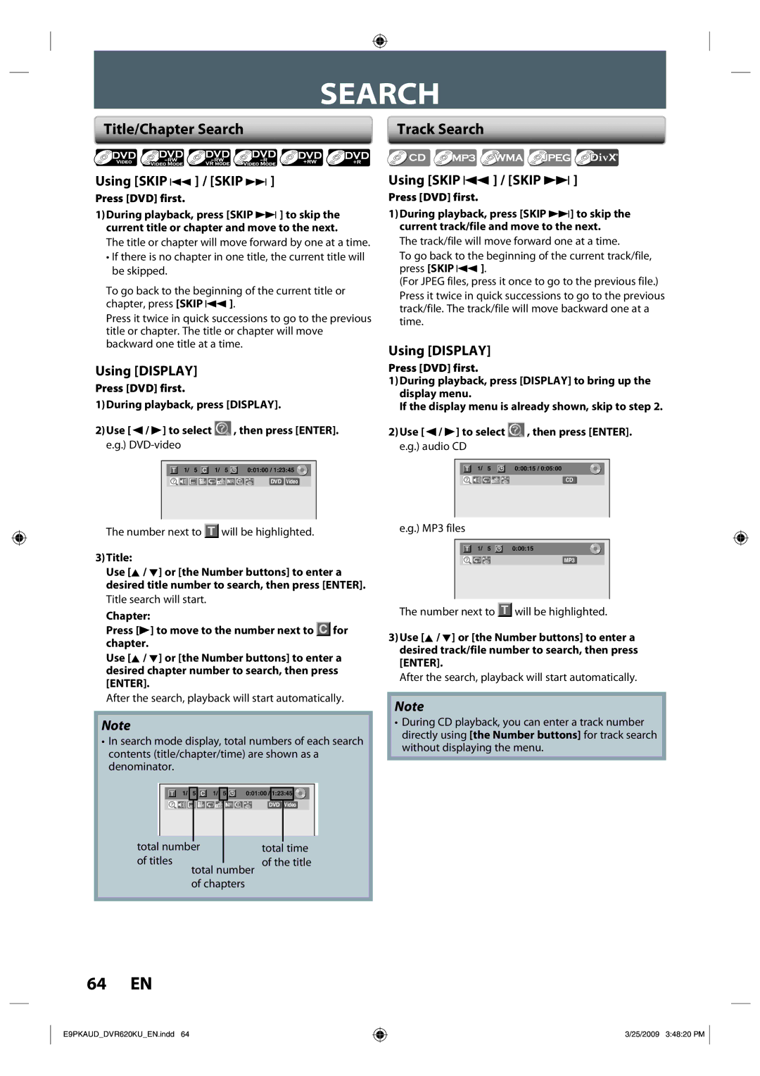 Toshiba DVR620 owner manual Title/Chapter Search, Using Skip j / Skip, Using Display 