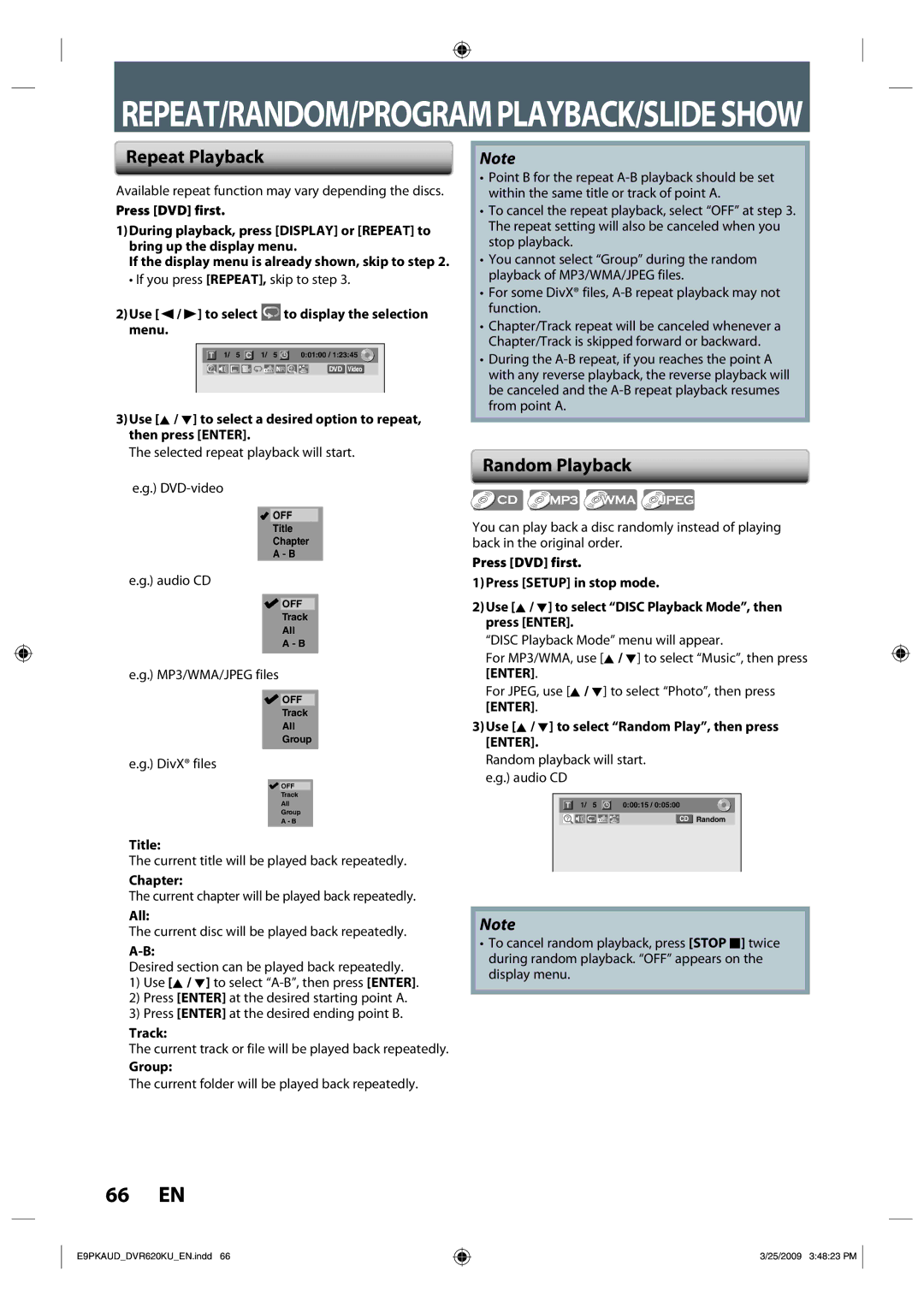 Toshiba DVR620 owner manual Repeat Playback, Random Playback 