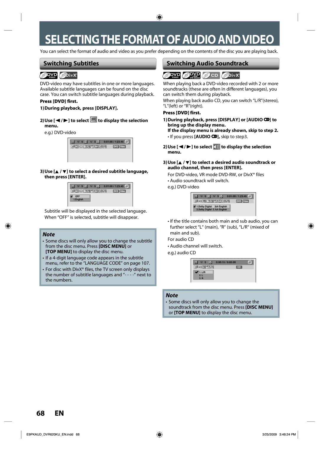 Toshiba DVR620 owner manual Switching Subtitles, Switching Audio Soundtrack, TOP Menu to display the disc menu 