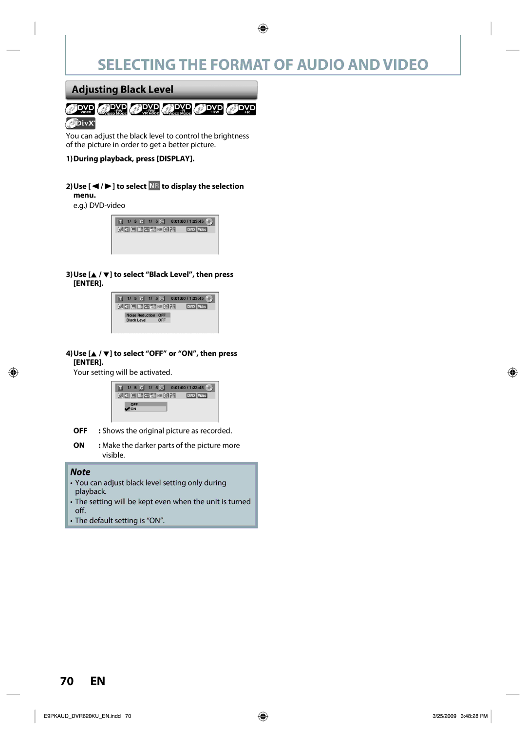 Toshiba DVR620 owner manual Adjusting Black Level, Use K / L to select Black Level, then press Enter, Visible 