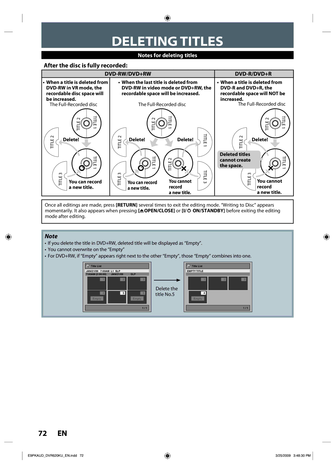 Toshiba DVR620 owner manual Deleting Titles, After the disc is fully recorded 