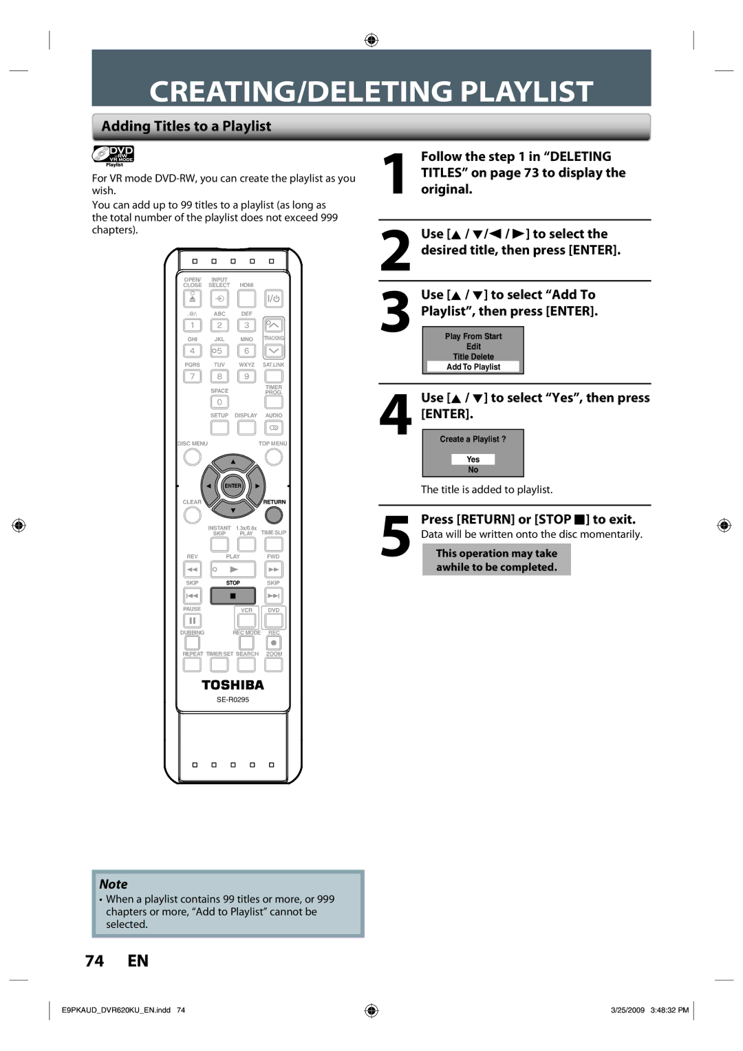 Toshiba DVR620 owner manual CREATING/DELETING Playlist, Adding Titles to a Playlist, Title is added to playlist 