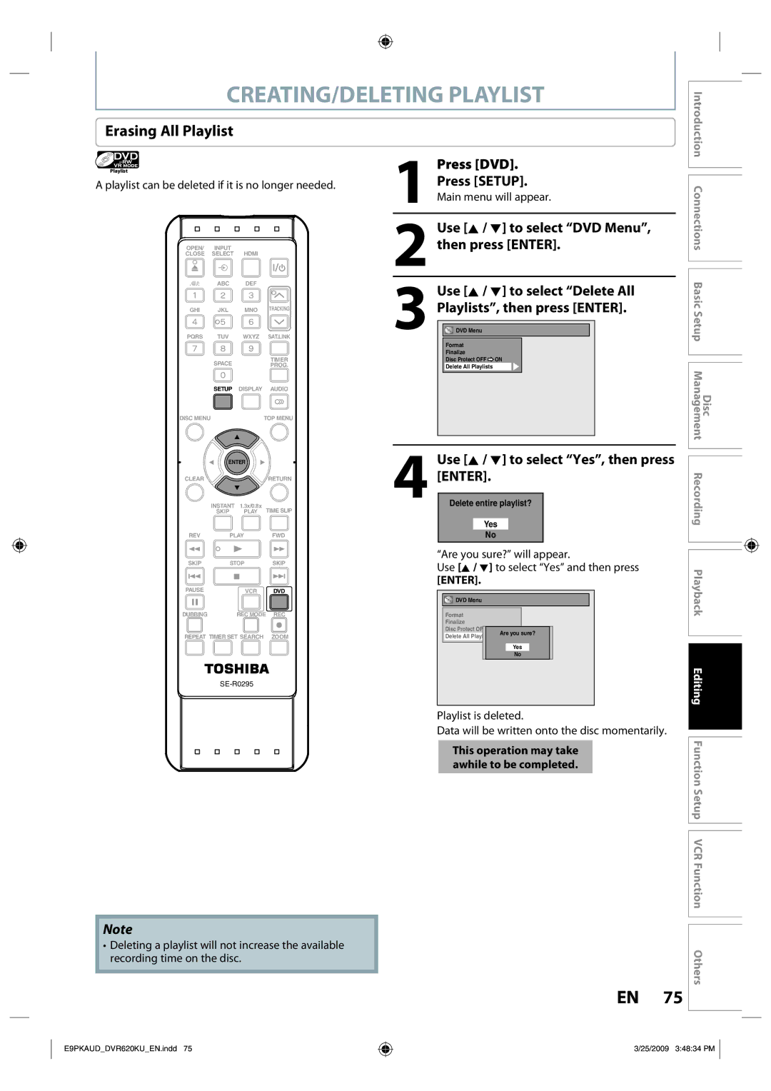 Toshiba DVR620 CREATING/DELETING Playlist, Erasing All Playlist, Playlist can be deleted if it is no longer needed, Enter 