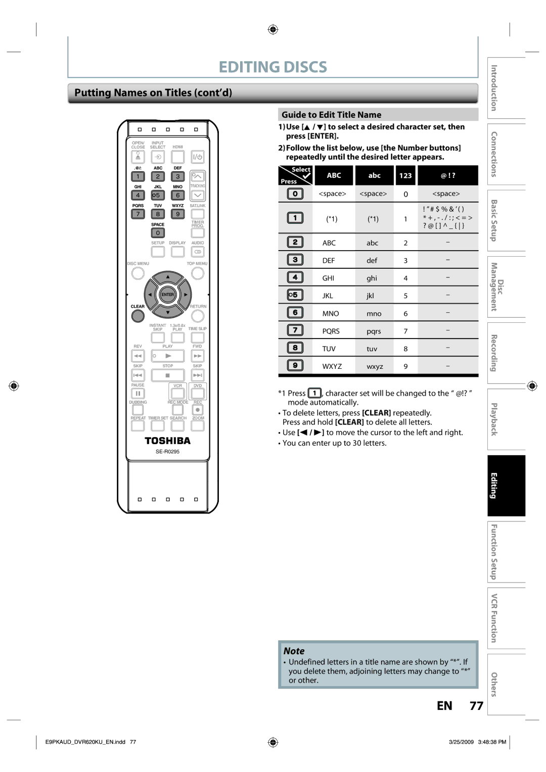 Toshiba DVR620 owner manual Editing Discs, Putting Names on Titles cont’d, Guide to Edit Title Name 