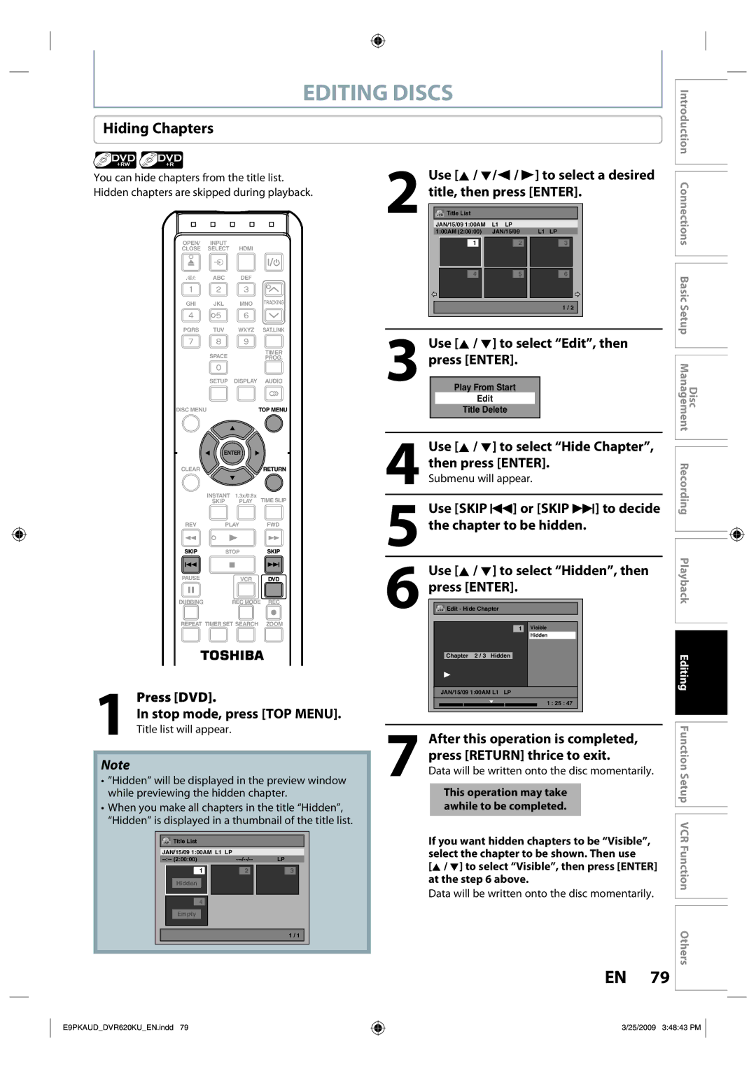 Toshiba DVR620 owner manual Hiding Chapters, Use K / L to select Hide Chapter, then press Enter, Press Enter 