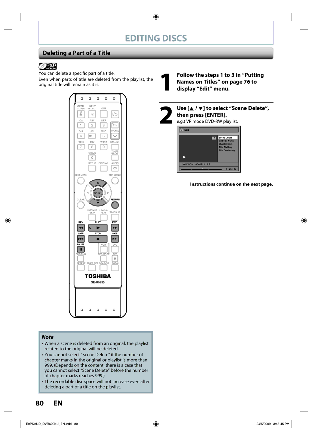 Toshiba DVR620 owner manual Deleting a Part of a Title, Names on Titles on page 76 to, Display Edit menu 