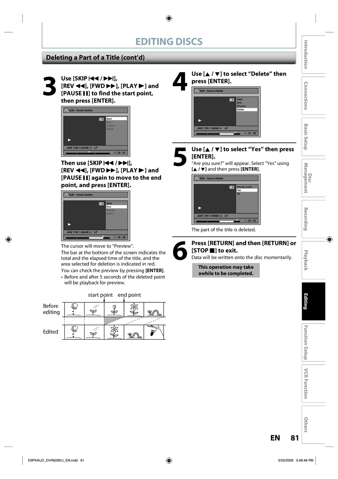 Toshiba DVR620 owner manual Deleting a Part of a Title cont’d 