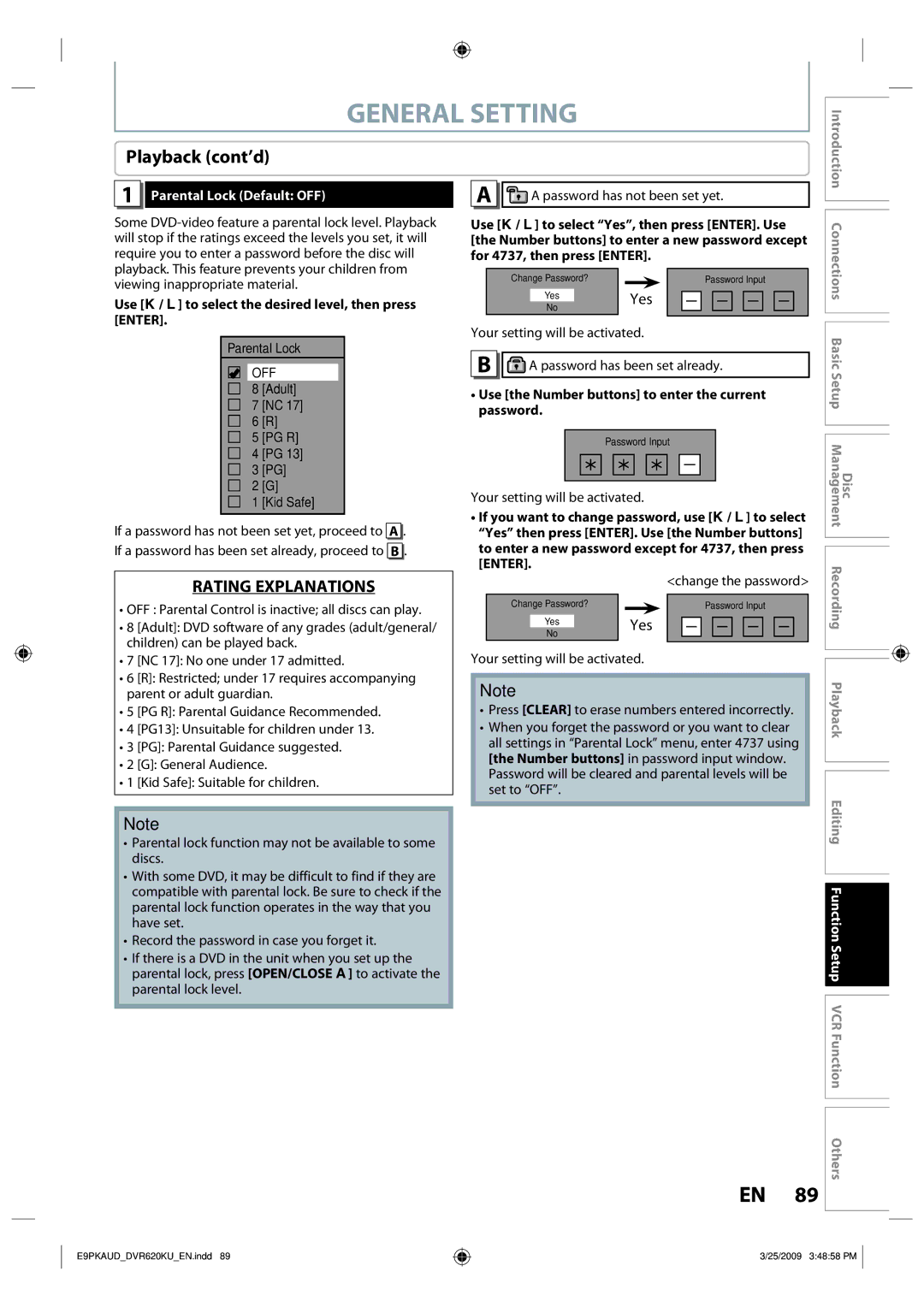 Toshiba DVR620 owner manual General Setting, Playback cont’d, Yes, Parental Lock Default OFF 