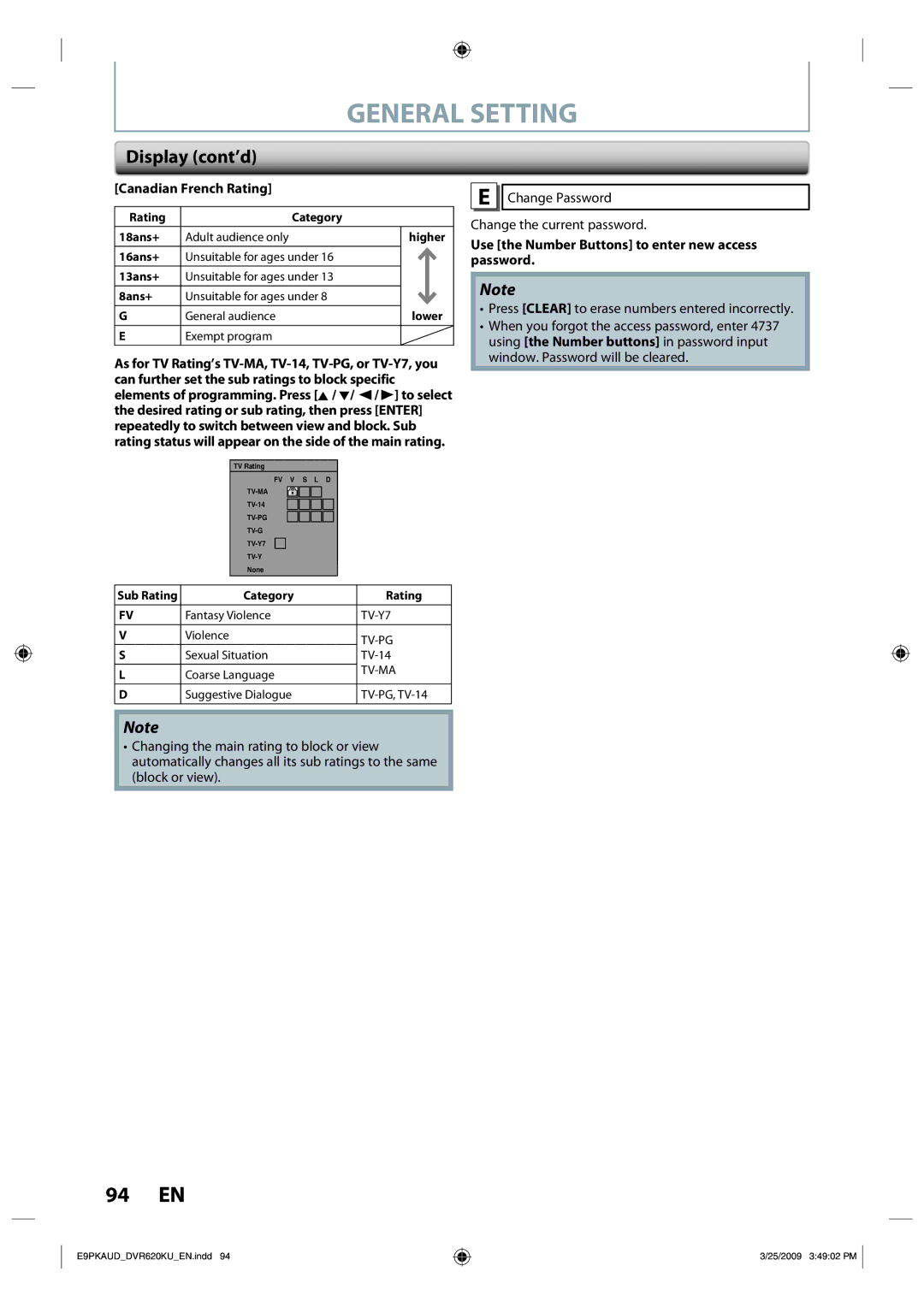 Toshiba DVR620 owner manual Canadian French Rating, Use the Number Buttons to enter new access password 