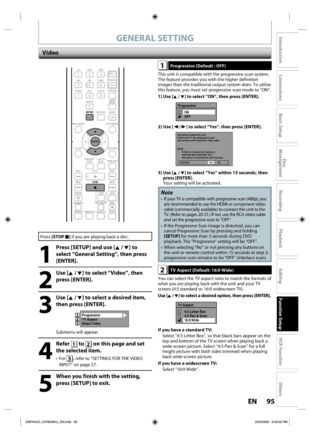 Toshiba DVR620 owner manual Video, Selected item, Refer 1 to 2 on this page and set, Progressive Default OFF 