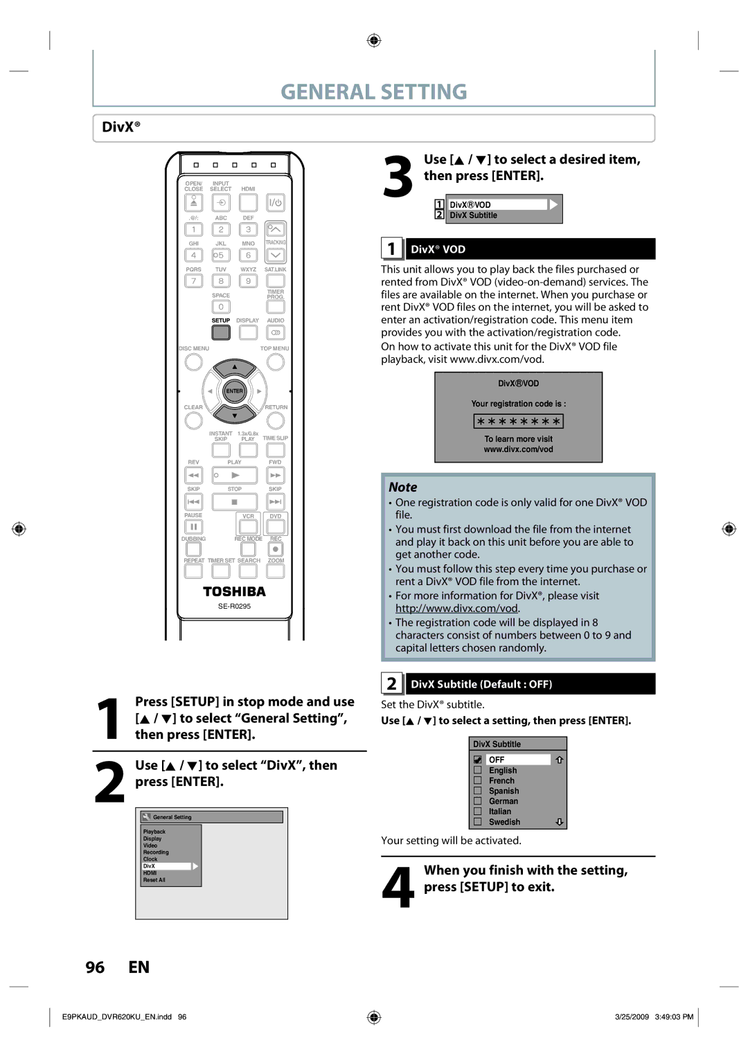 Toshiba DVR620 owner manual DivX VOD, DivX Subtitle Default OFF, Set the DivX subtitle 