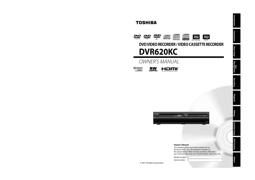 Toshiba DVR620KC owner manual Owner’s, Disc Introduction Connections Basic Setup Management 