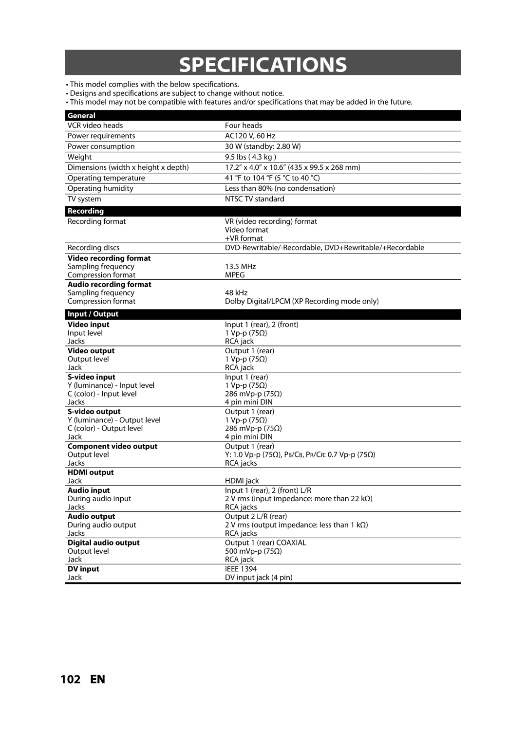 Toshiba DVR620KC owner manual Specifications, General, Recording, Input / Output 