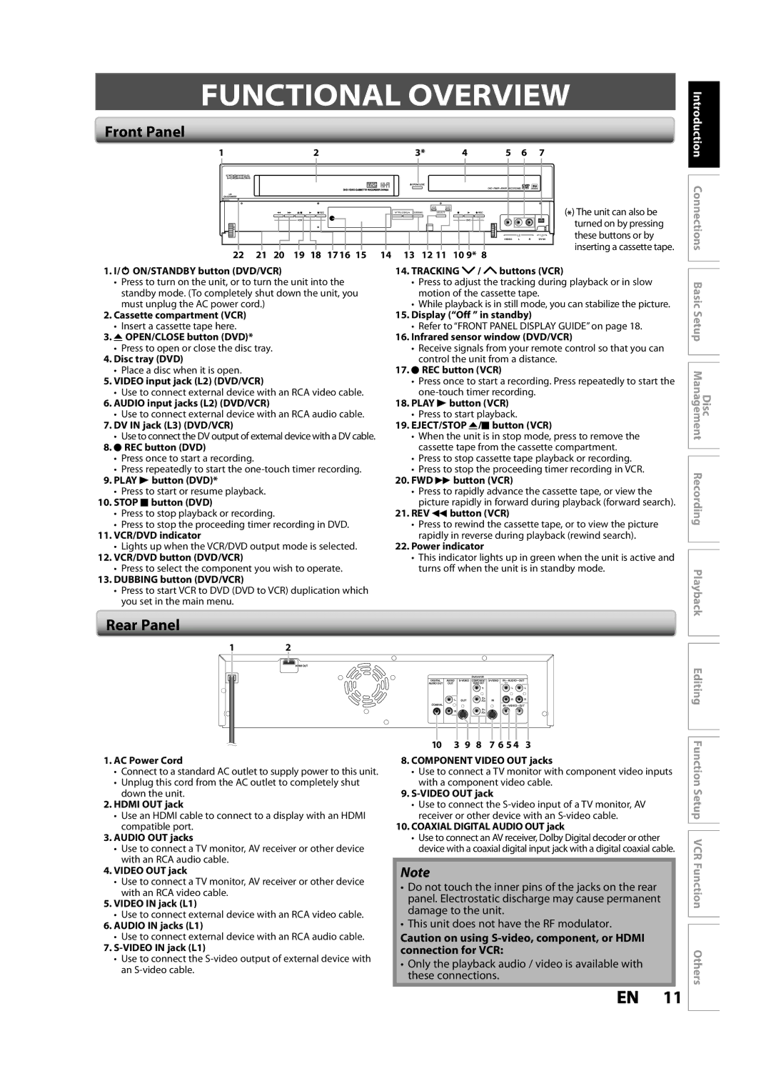 Toshiba DVR620KC owner manual Functional Overview, Front Panel, Rear Panel 